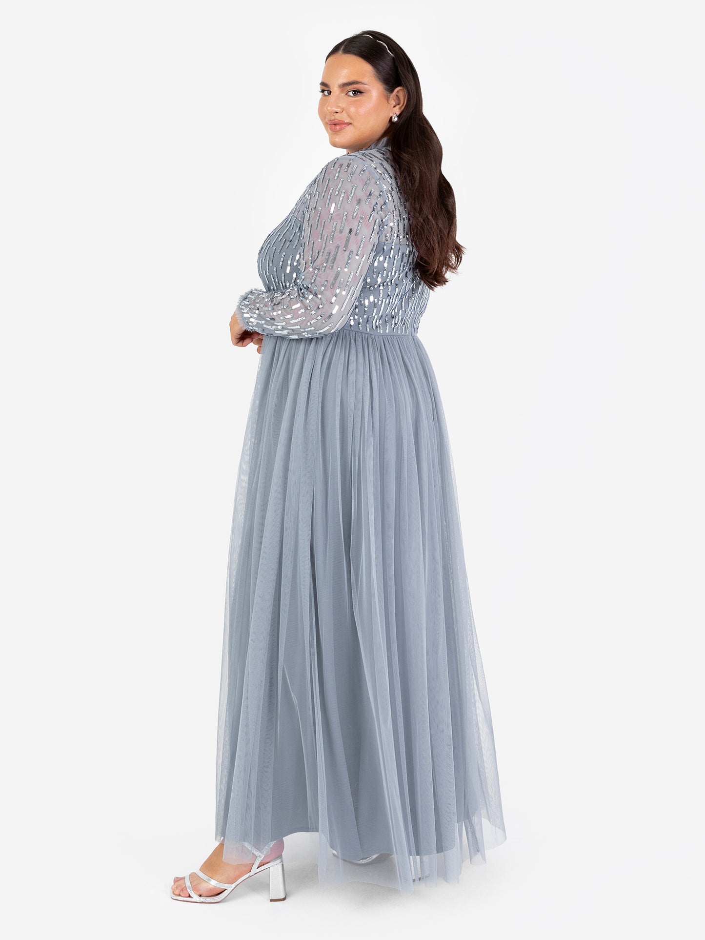 Maya Dusty Blue Linear Embellished Long Sleeve Maxi Dress