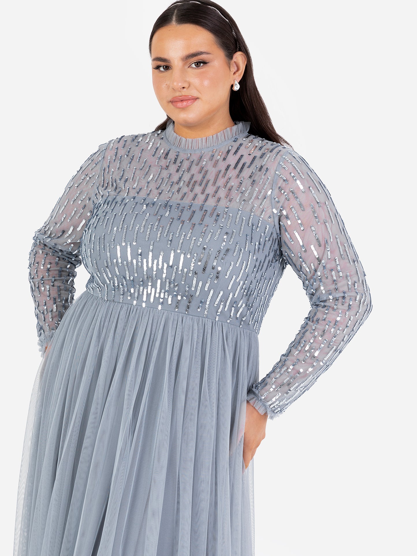 Maya Dusty Blue Linear Embellished Long Sleeve Maxi Dress