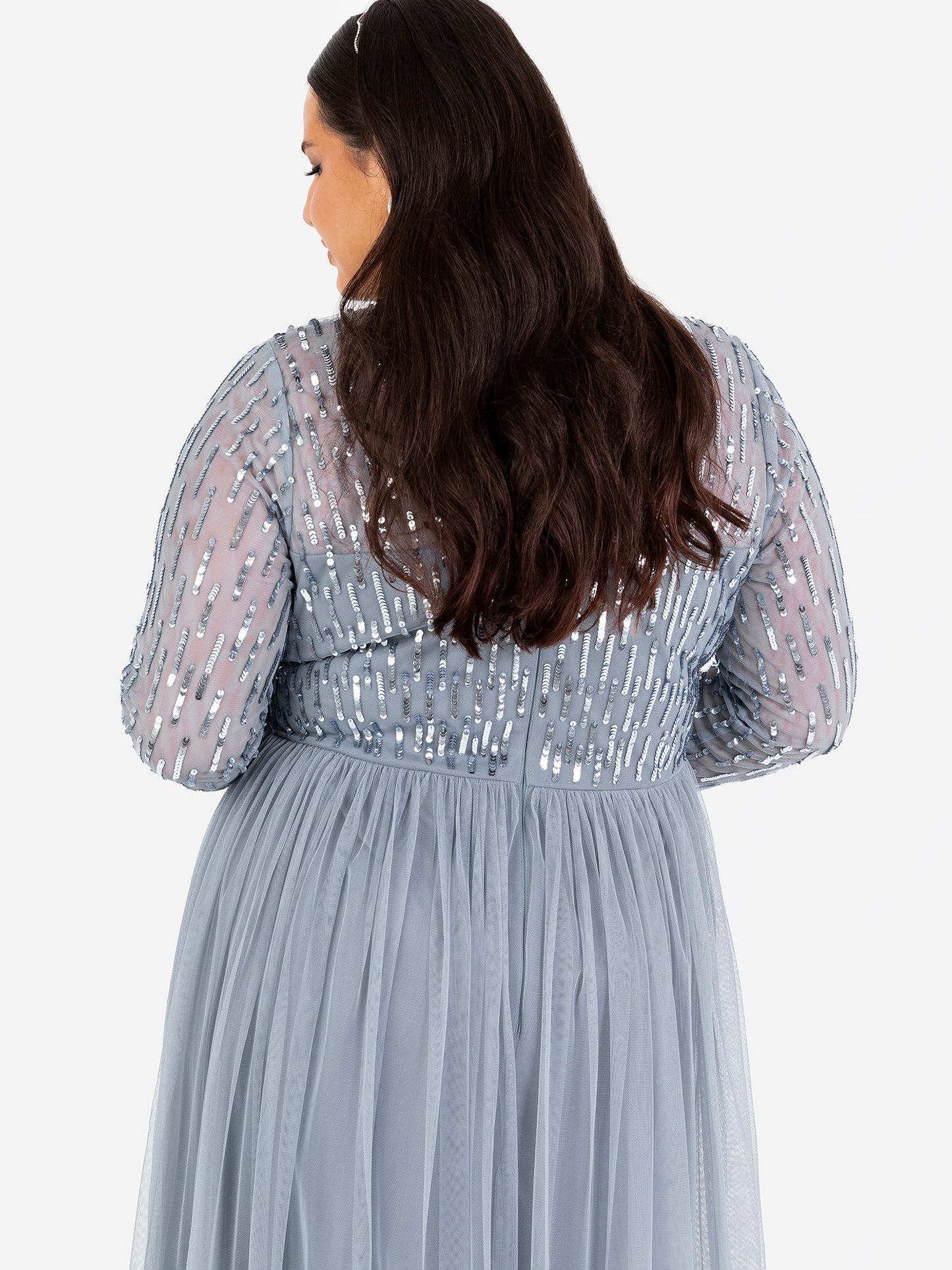Maya Dusty Blue Linear Embellished Long Sleeve Maxi Dress