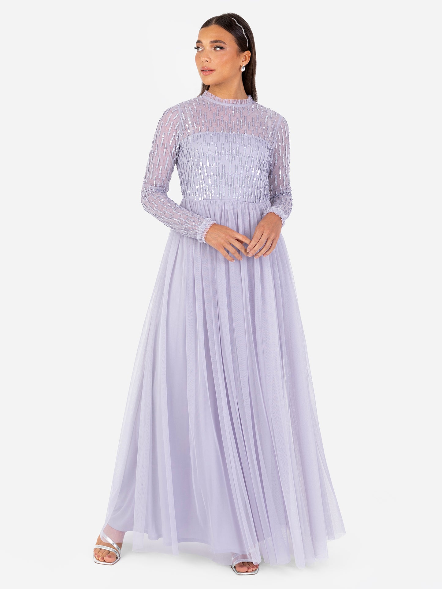Maya Thistle Lilac Linear Embellished Long Sleeve Maxi Dress