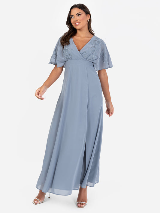 Maya Dusty Blue Floral Embroidered Short Sleeve Maxi Dress