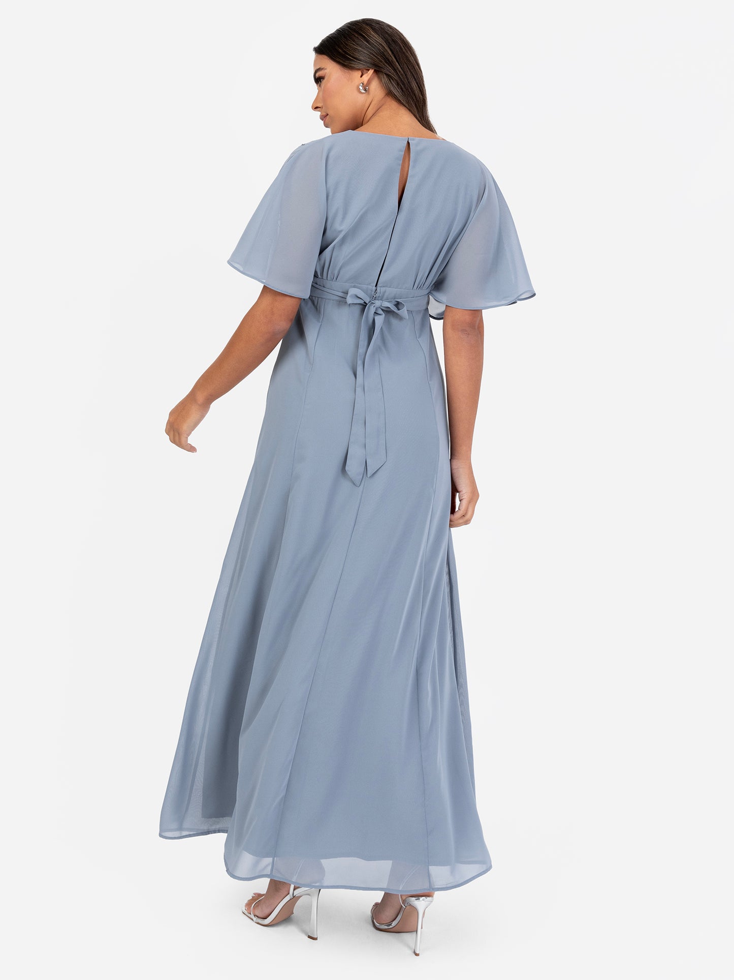 Maya Dusty Blue Floral Embroidered Short Sleeve Maxi Dress