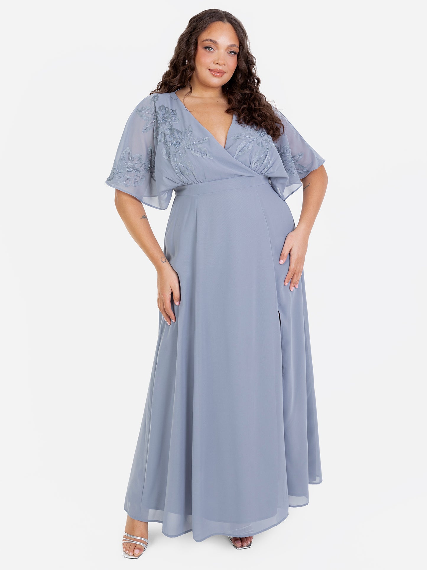 Maya Dusty Blue Floral Embroidered Short Sleeve Maxi Dress