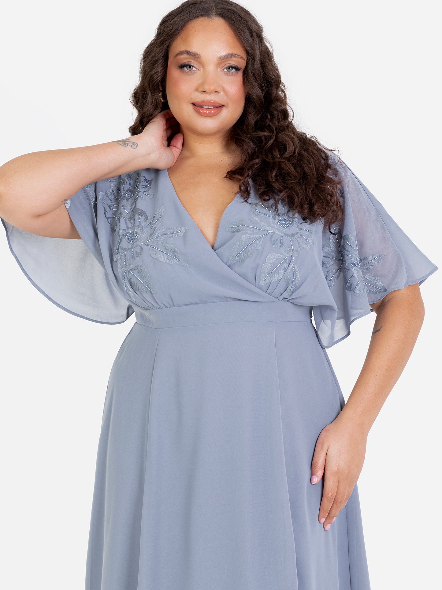 Maya Dusty Blue Floral Embroidered Short Sleeve Maxi Dress