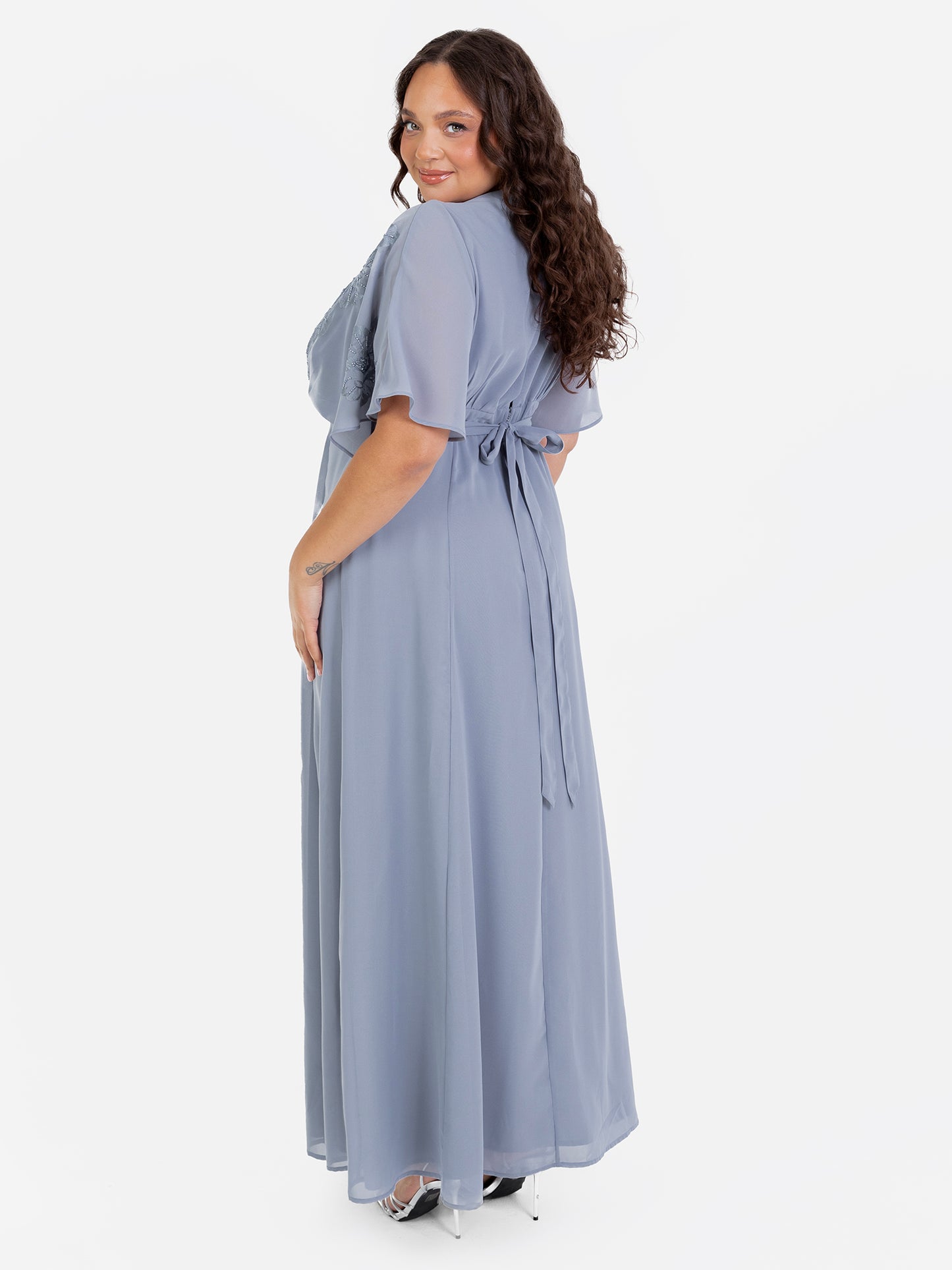 Maya Dusty Blue Floral Embroidered Short Sleeve Maxi Dress