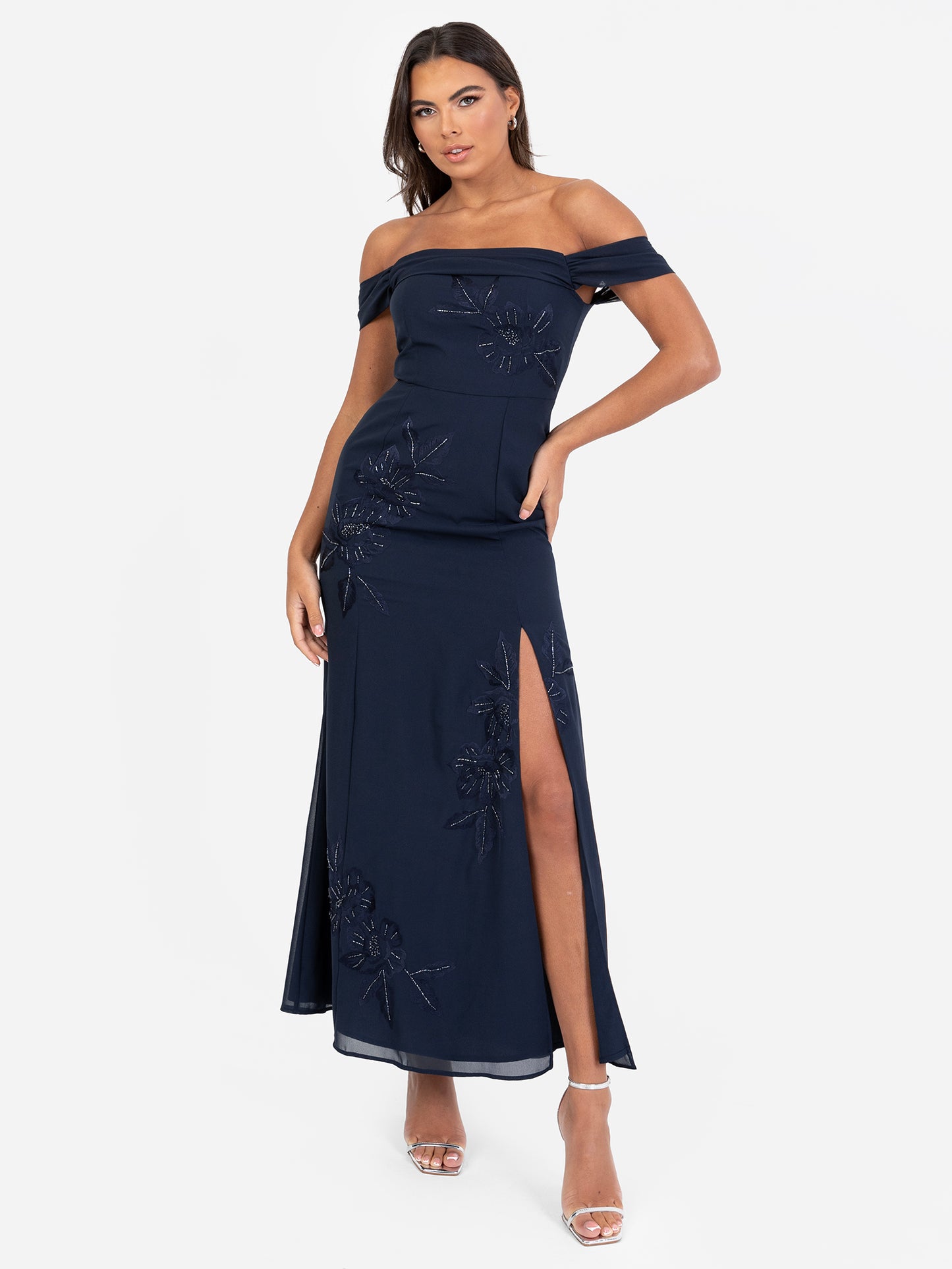 Maya Navy Floral Embroidered Bardot Maxi Dress with Skirt Split