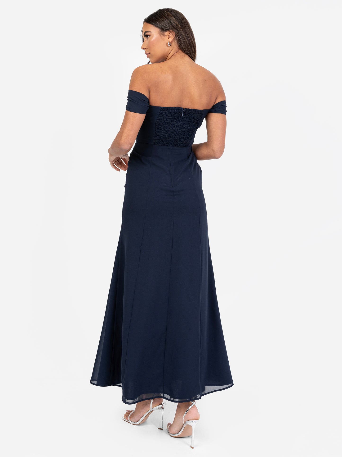 Maya Navy Floral Embroidered Bardot Maxi Dress with Skirt Split
