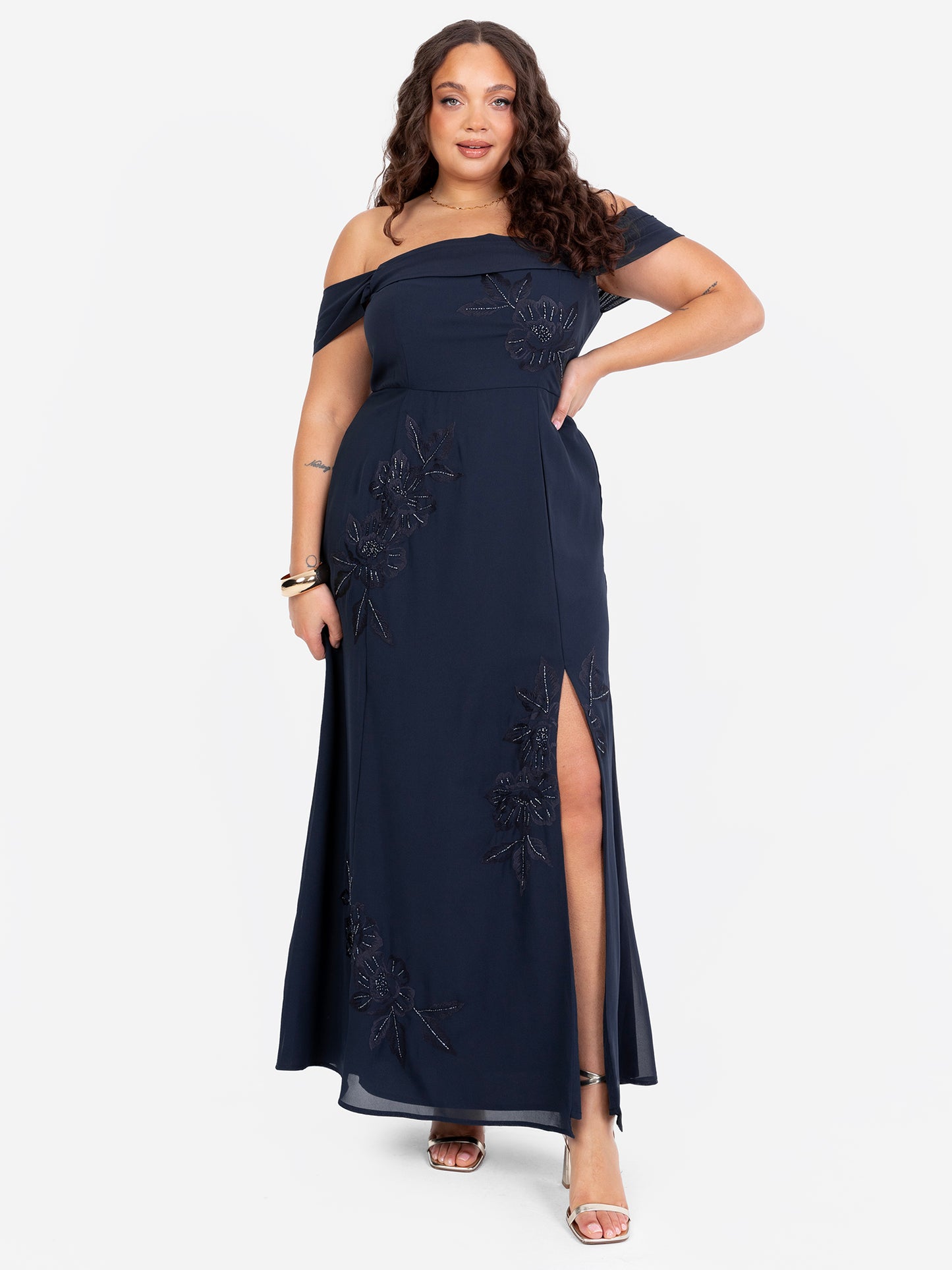 Maya Navy Floral Embroidered Bardot Maxi Dress with Skirt Split