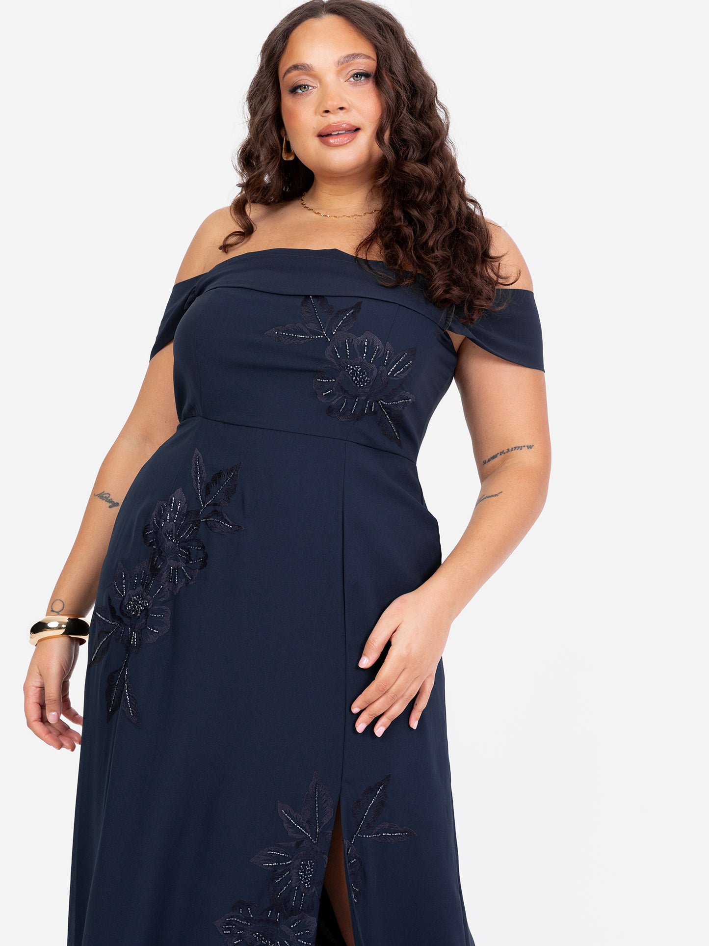 Maya Navy Floral Embroidered Bardot Maxi Dress with Skirt Split