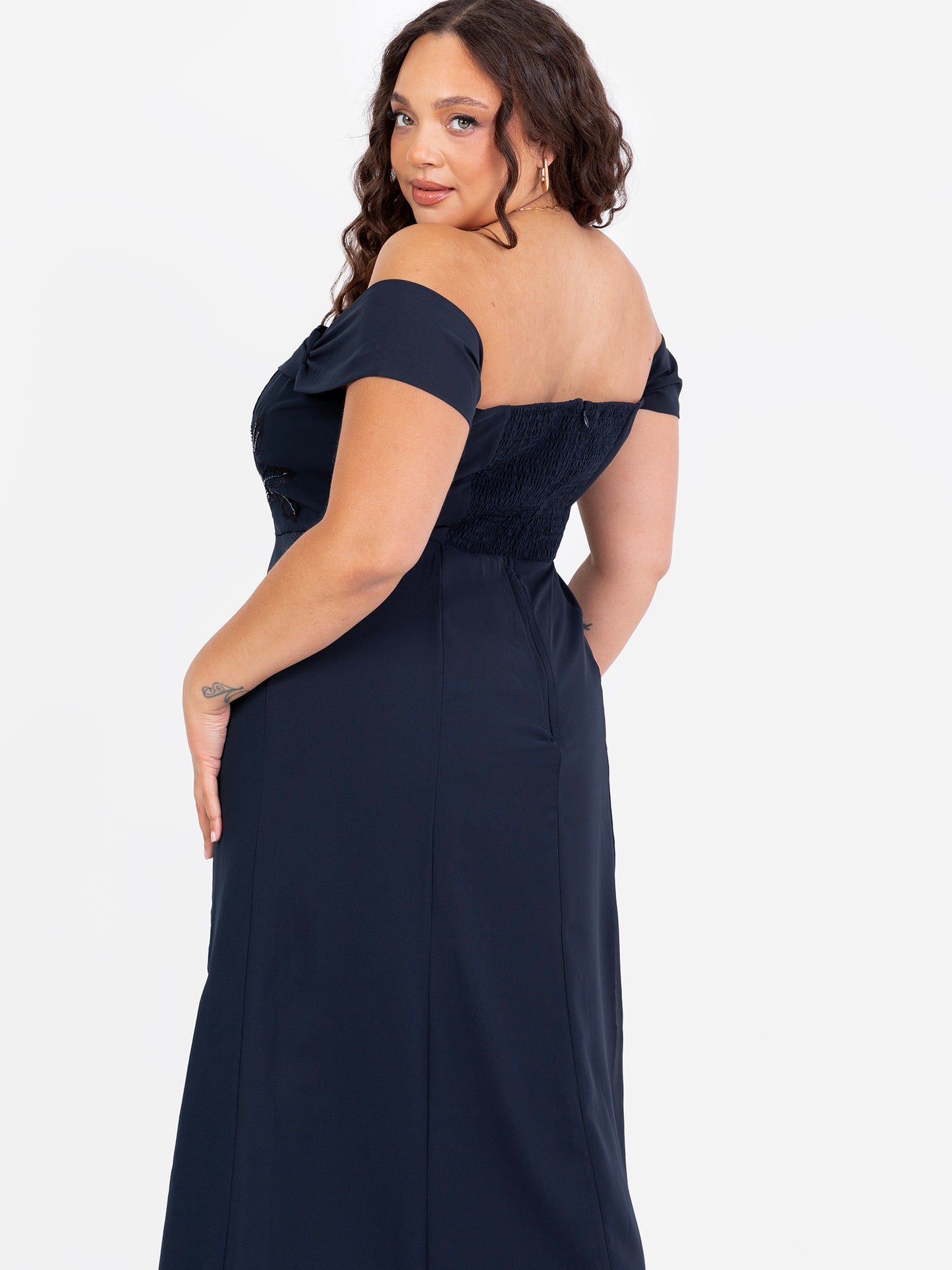 Maya Navy Floral Embroidered Bardot Maxi Dress with Skirt Split