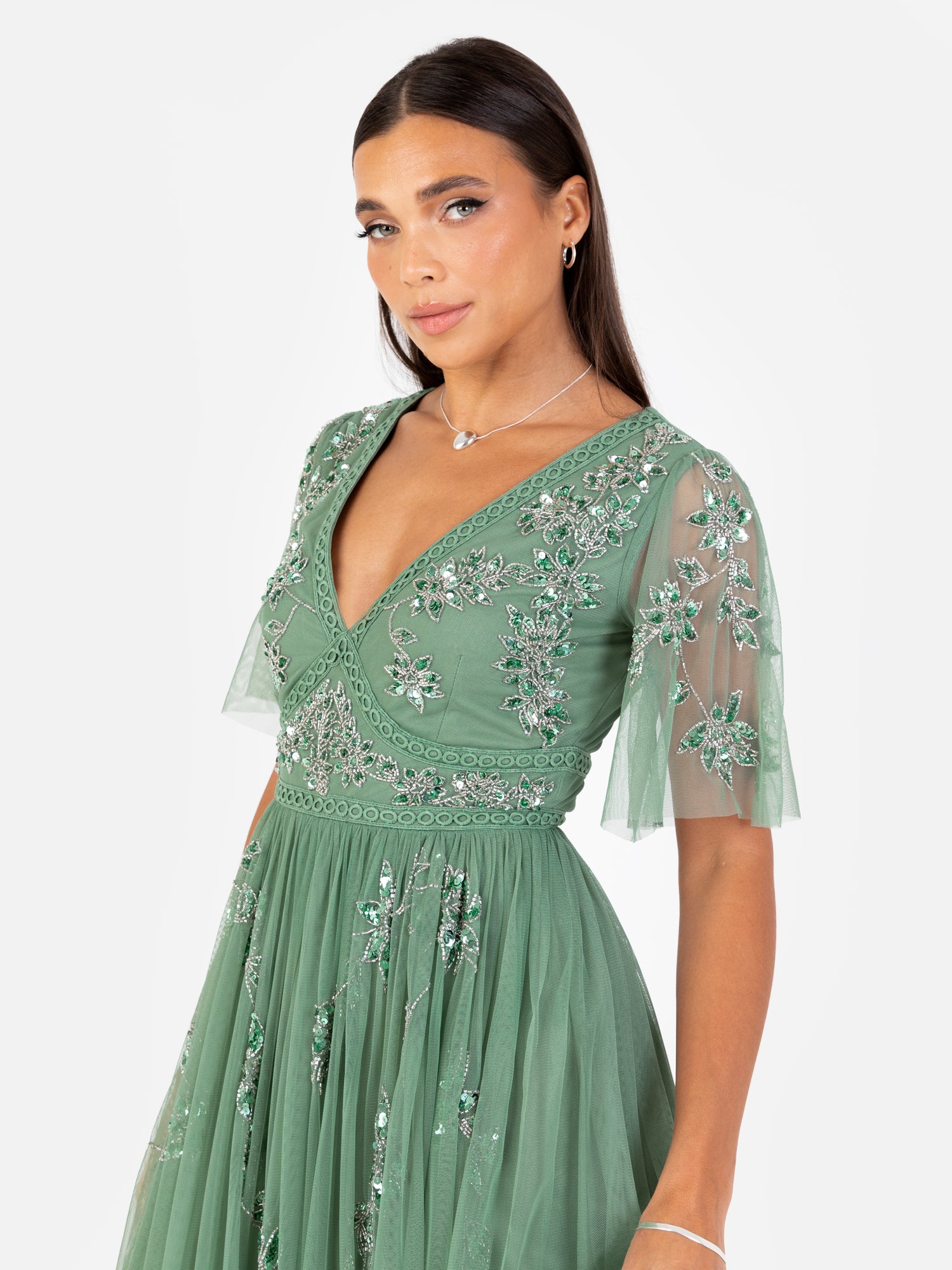 Maya Dark Sage Green Floral Motif Short Sleeve Midi Dress Maya Deluxe Maya Dark Sage Green Floral Motif Short Sleeve Midi Dress Maya Deluxe