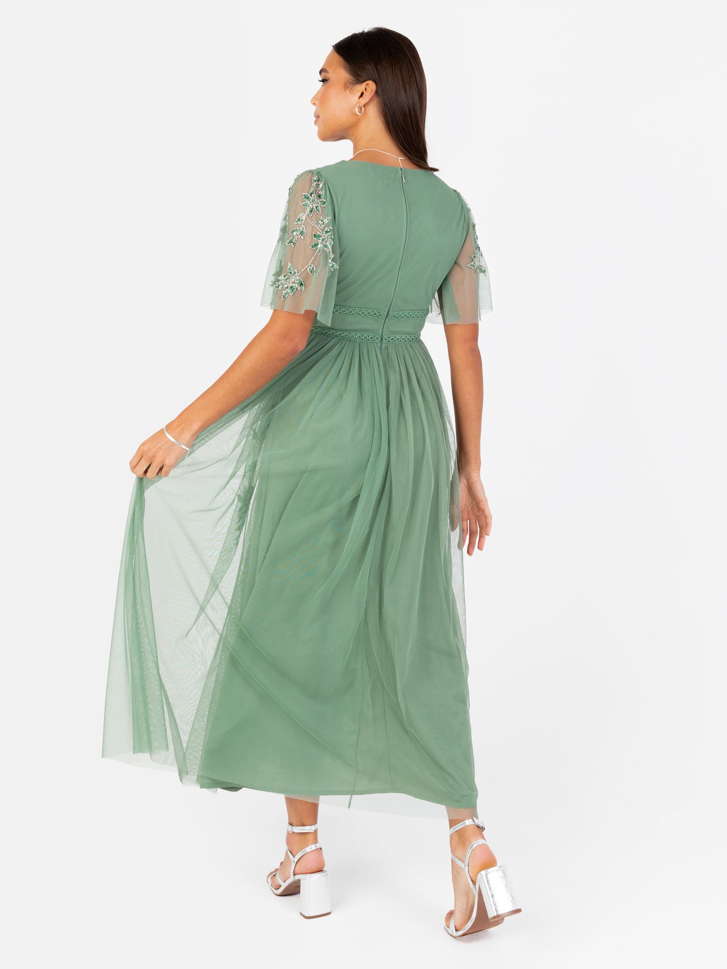 knee length dresses for ladies Maya Dark Sage Green Floral Motif Short Sleeve Midi Dress – Maya Deluxe