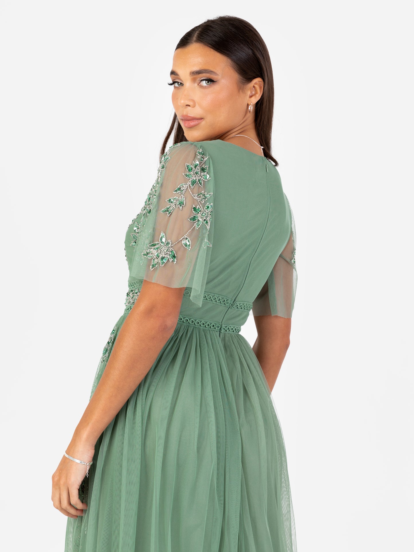 Maya Dark Sage Green Floral Motif Short Sleeve Midi Dress