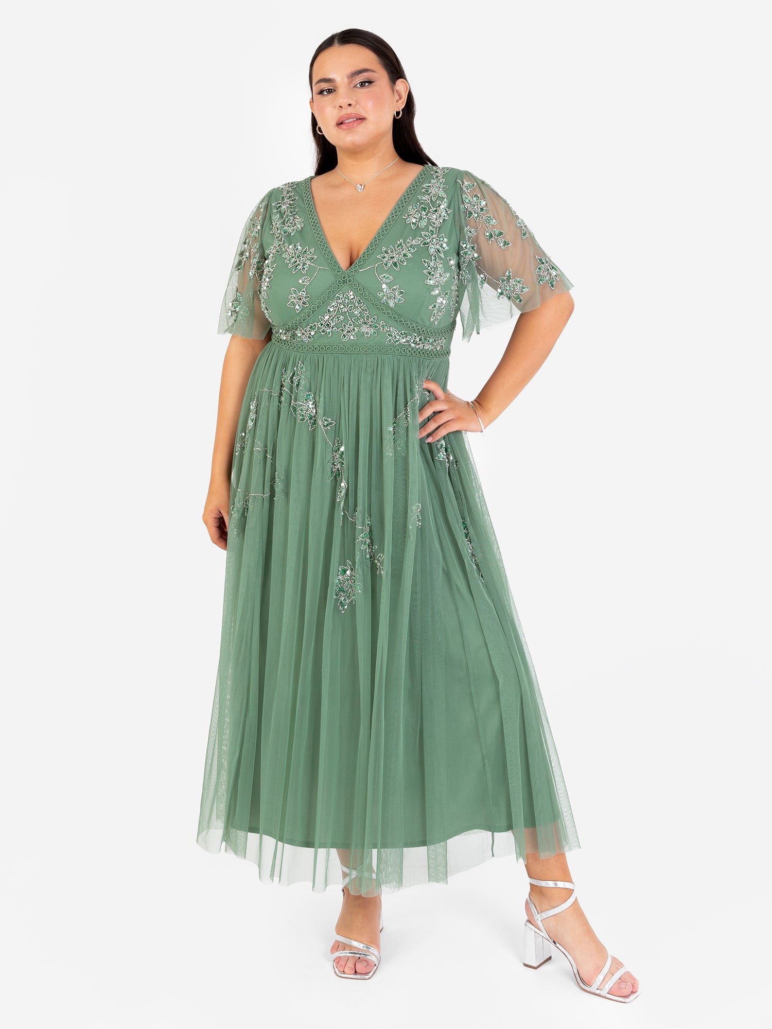 Maya Dark Sage Green Floral Motif Short Sleeve Midi Dress Maya Deluxe Maya Dark Sage Green Floral Motif Short Sleeve Midi Dress Maya Deluxe