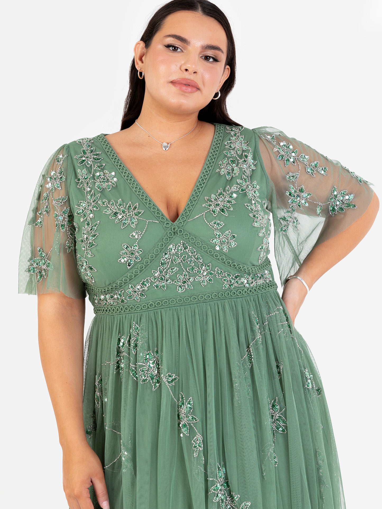 Maya Dark Sage Green Floral Motif Short Sleeve Midi Dress