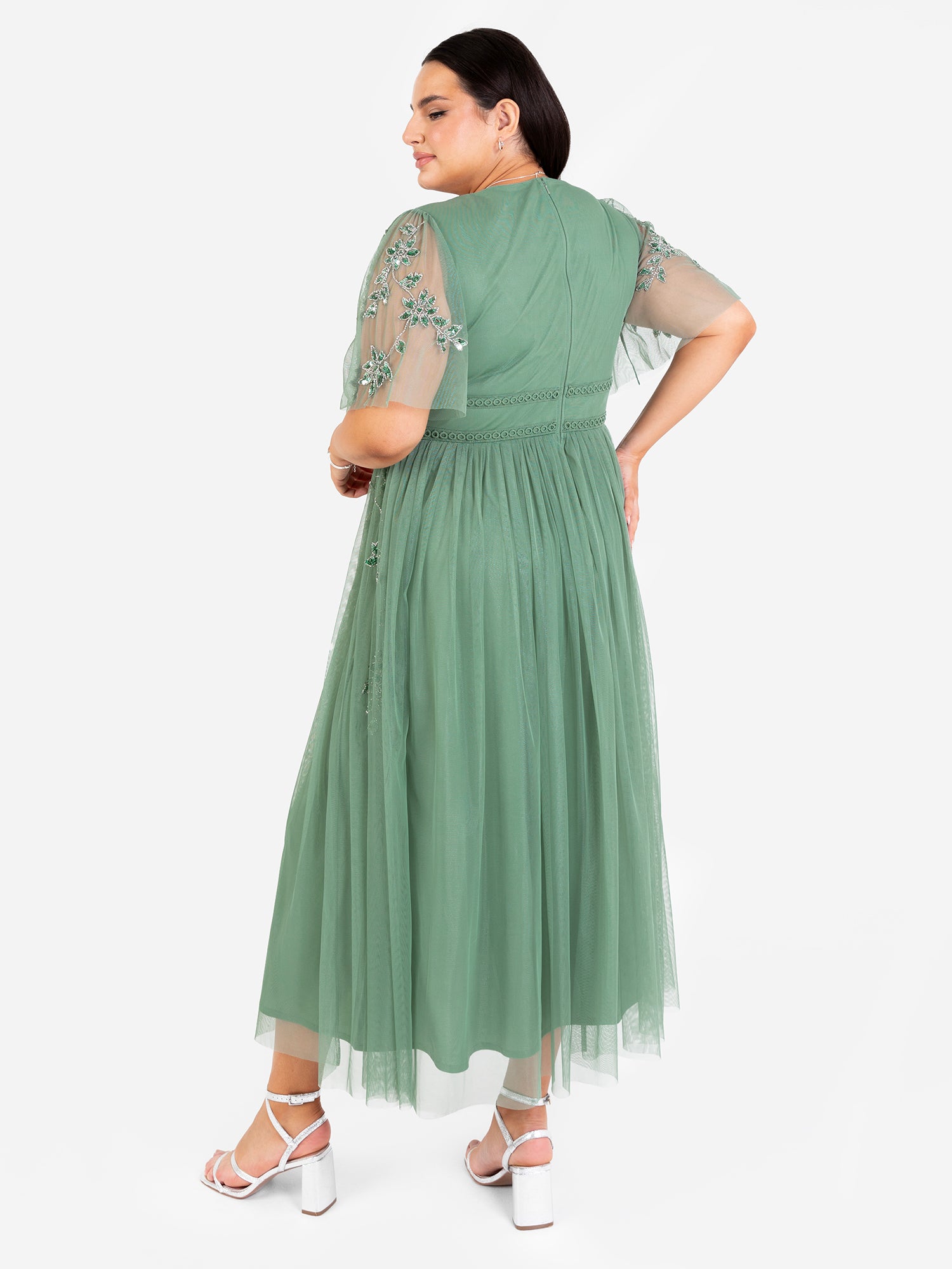 Maya Dark Sage Green Floral Motif Short Sleeve Midi Dress – Maya Deluxe