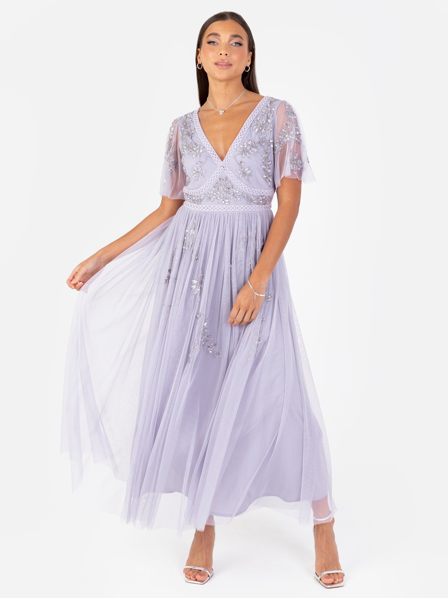 Maya Thistle Lilac Floral Motif Short Sleeve Midi Dress