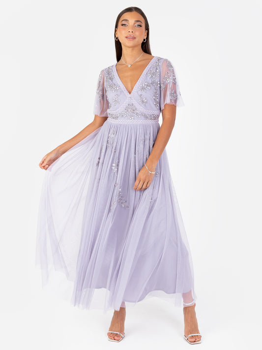 Maya Thistle Lilac Floral Motif Short Sleeve Midi Dress