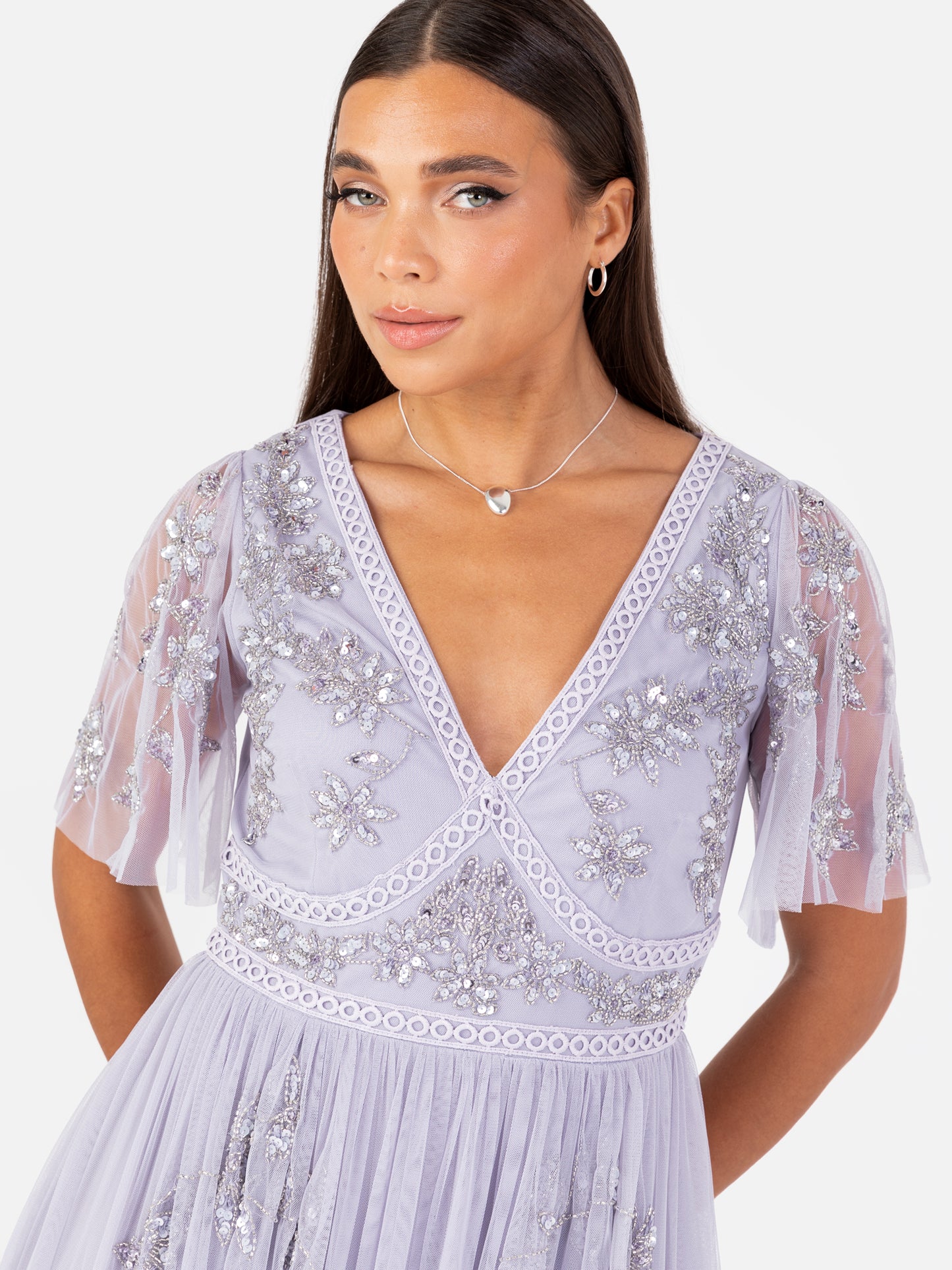 Maya Thistle Lilac Floral Motif Short Sleeve Midi Dress