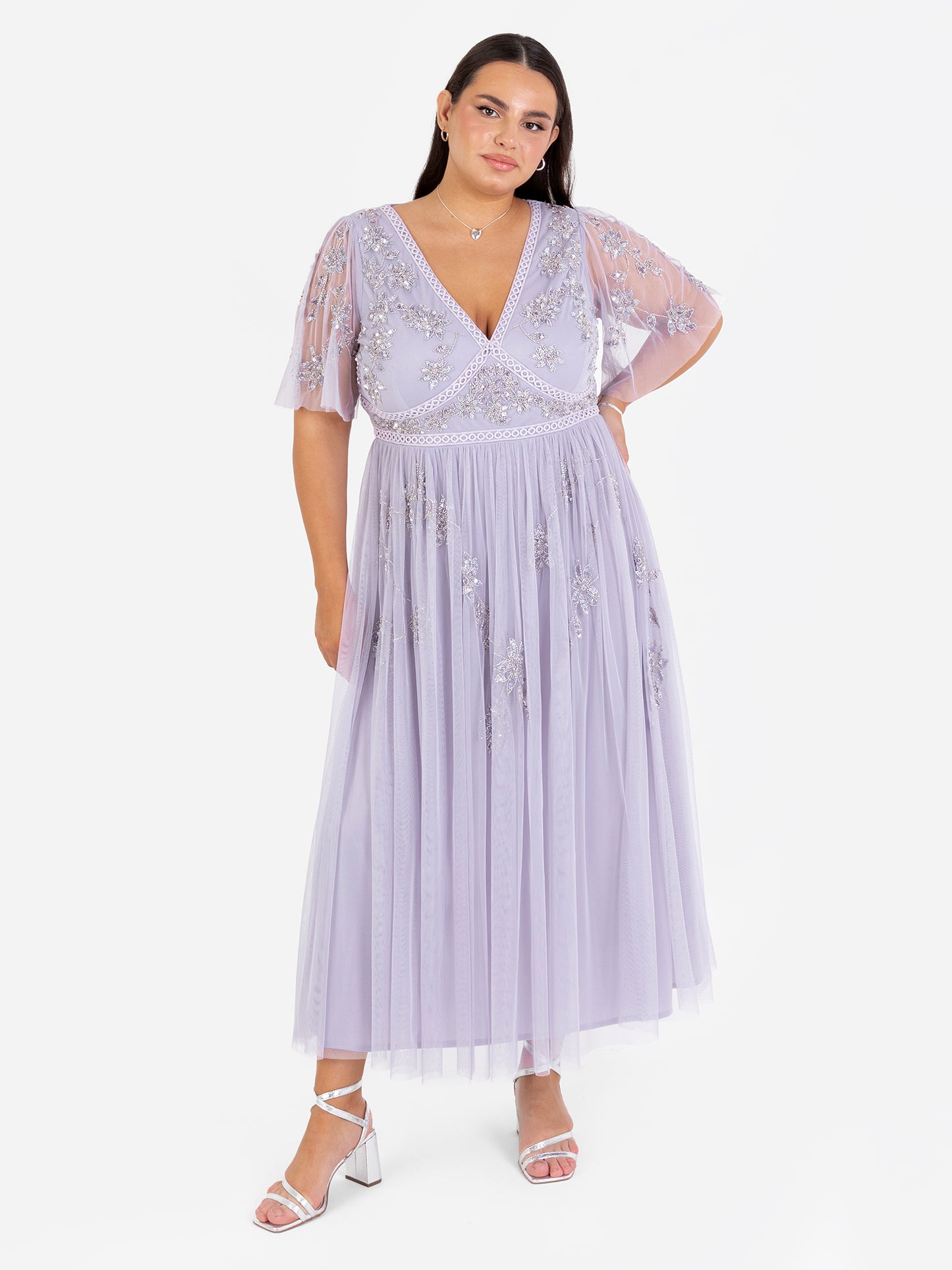 Maya Thistle Lilac Floral Motif Short Sleeve Midi Dress