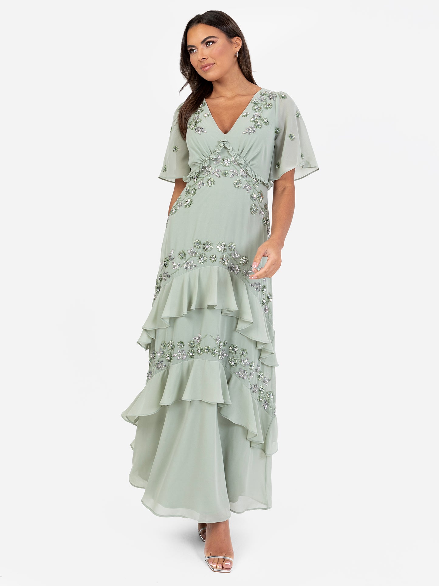 Maya Sage Green Embellished Short Sleeve Ruffled Maxi Dress