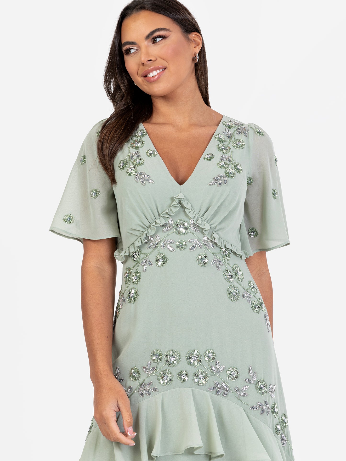 Maya Sage Green Embellished Short Sleeve Ruffled Maxi Dress