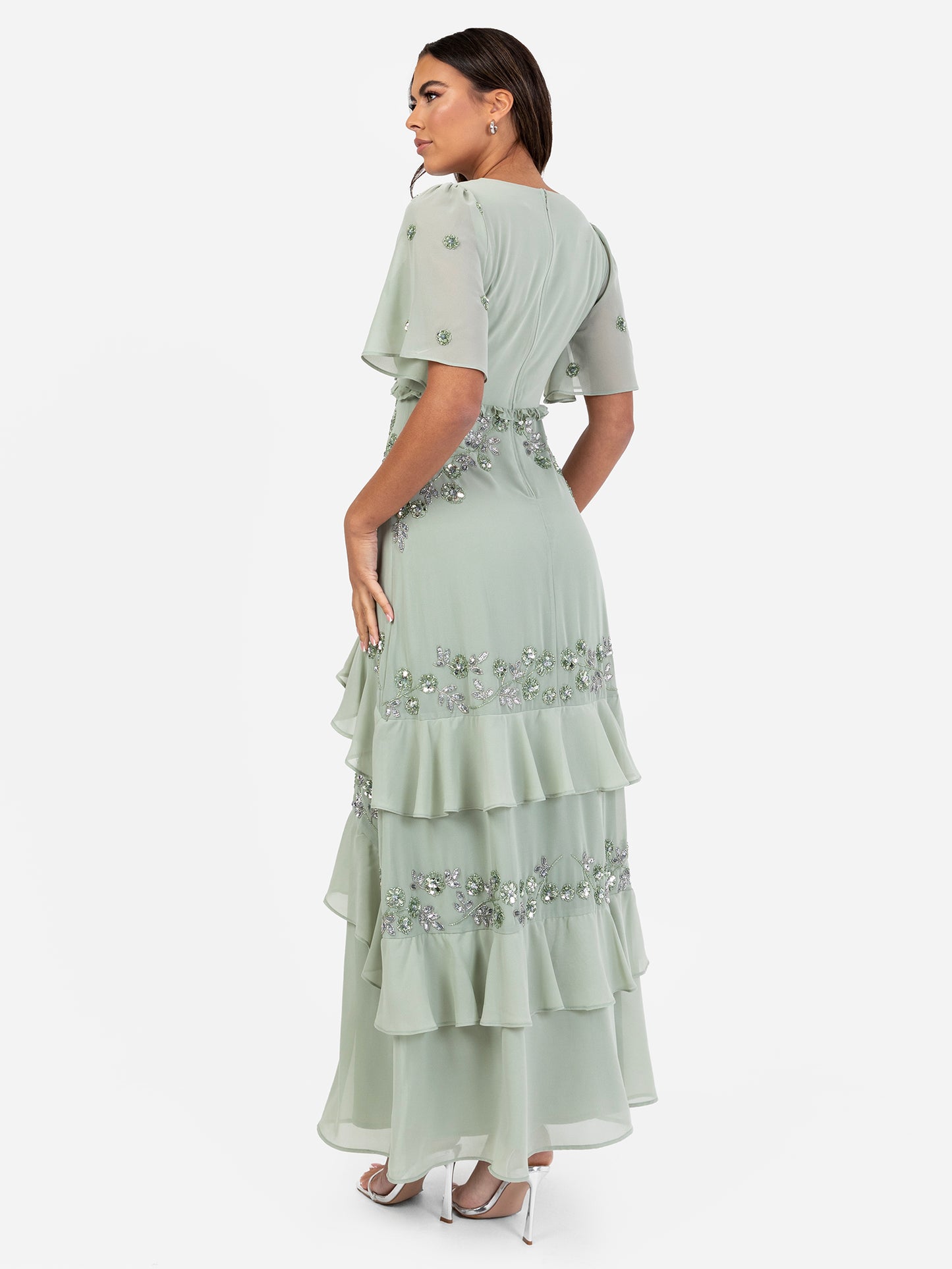 Maya Sage Green Embellished Short Sleeve Ruffled Maxi Dress