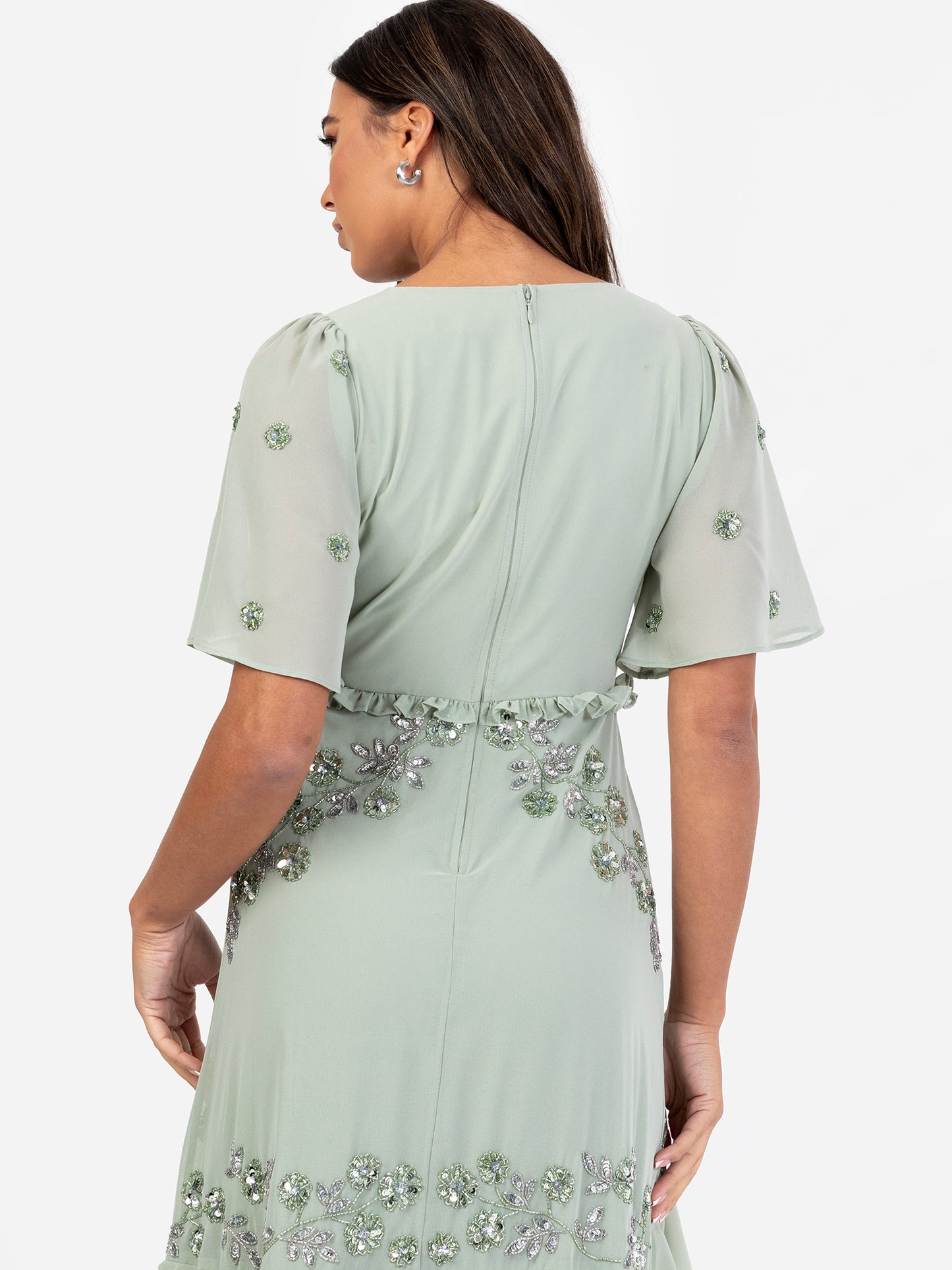 Maya Sage Green Embellished Short Sleeve Ruffled Maxi Dress