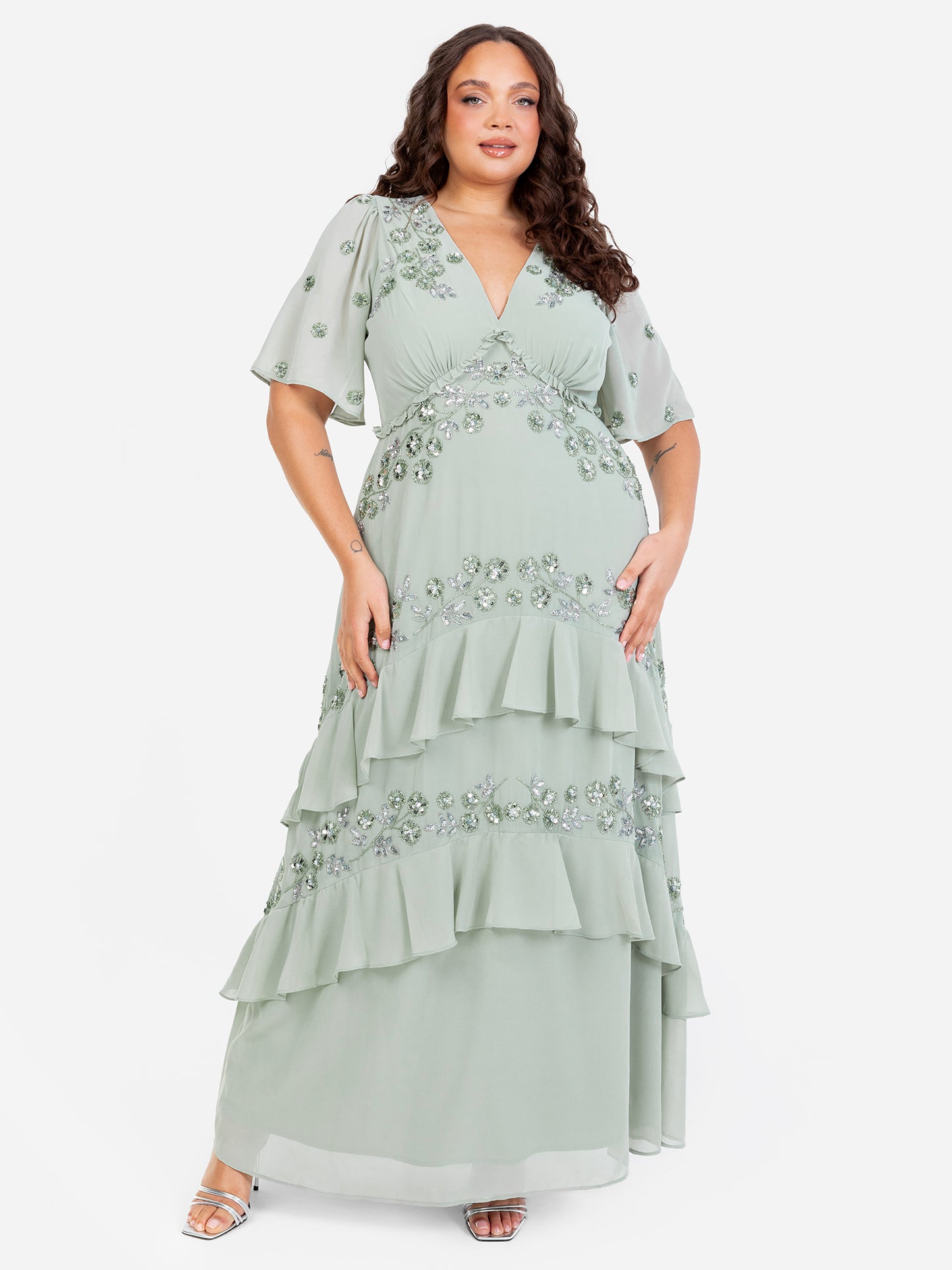 Maya Sage Green Embellished Short Sleeve Ruffled Maxi Dress
