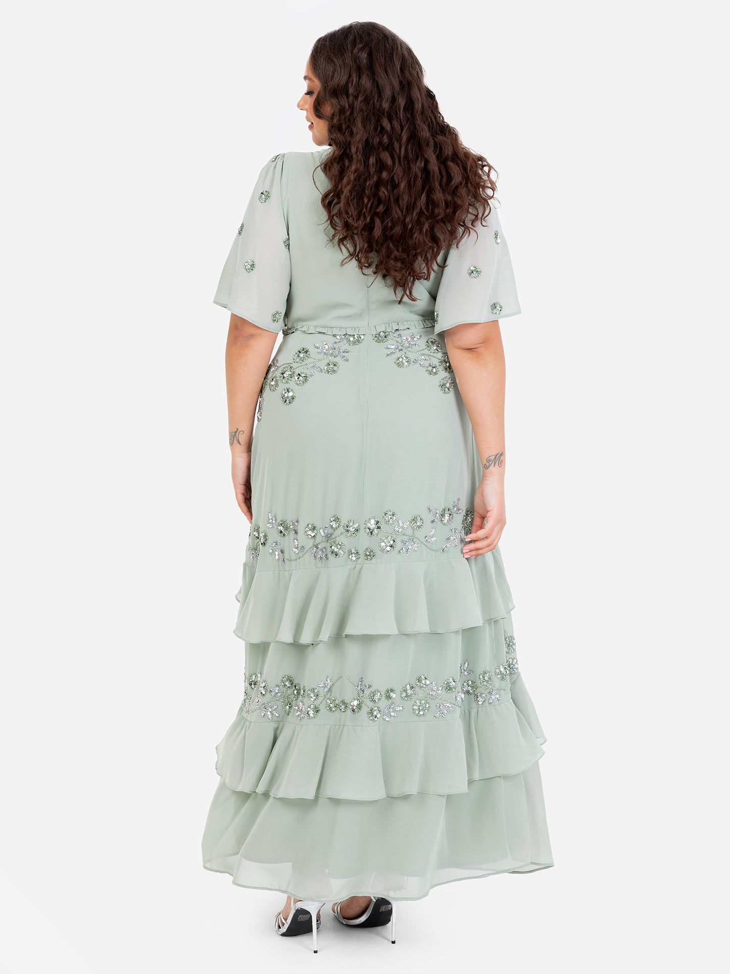 Maya Sage Green Embellished Short Sleeve Ruffled Maxi Dress