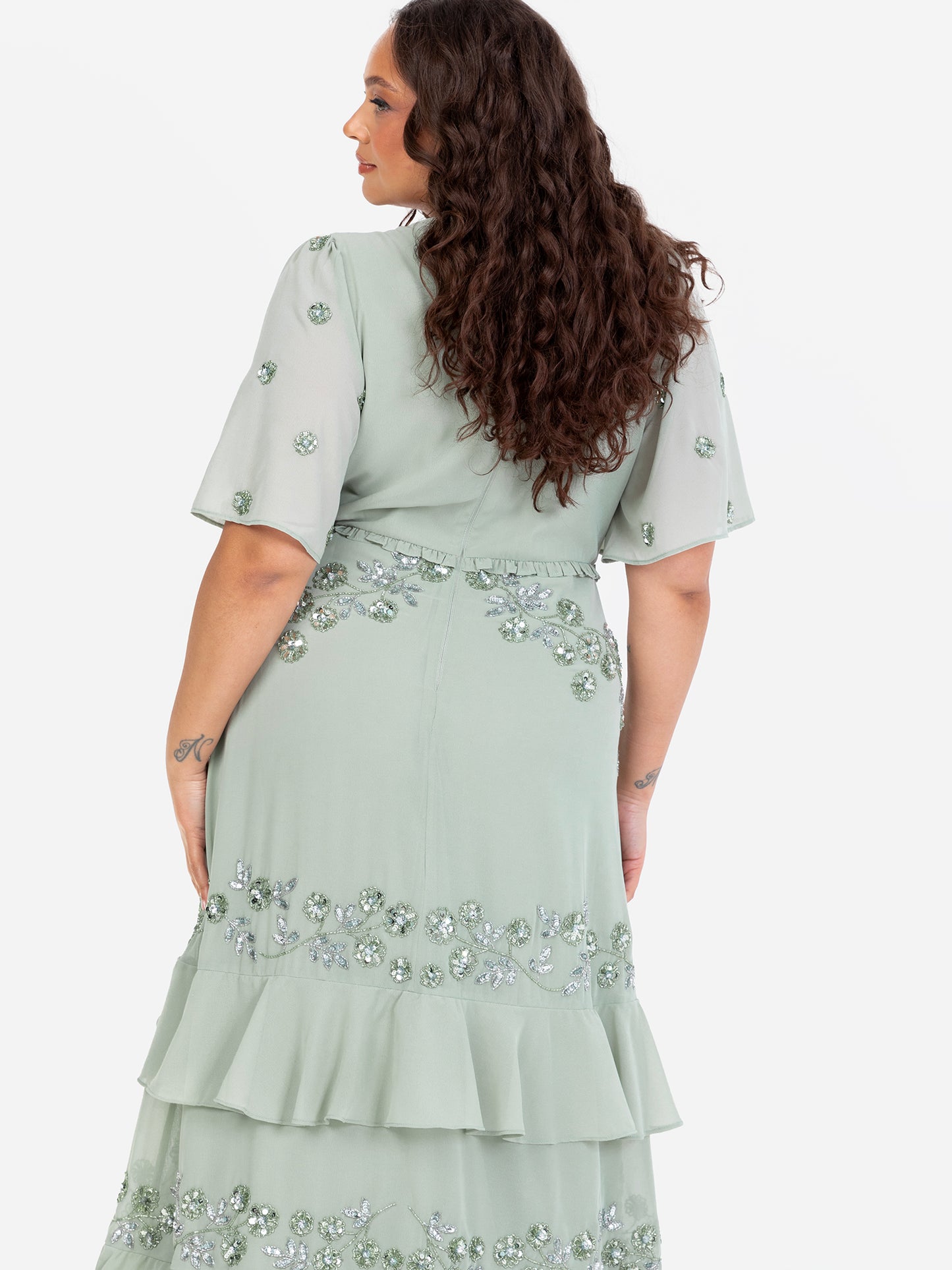 Maya Sage Green Embellished Short Sleeve Ruffled Maxi Dress
