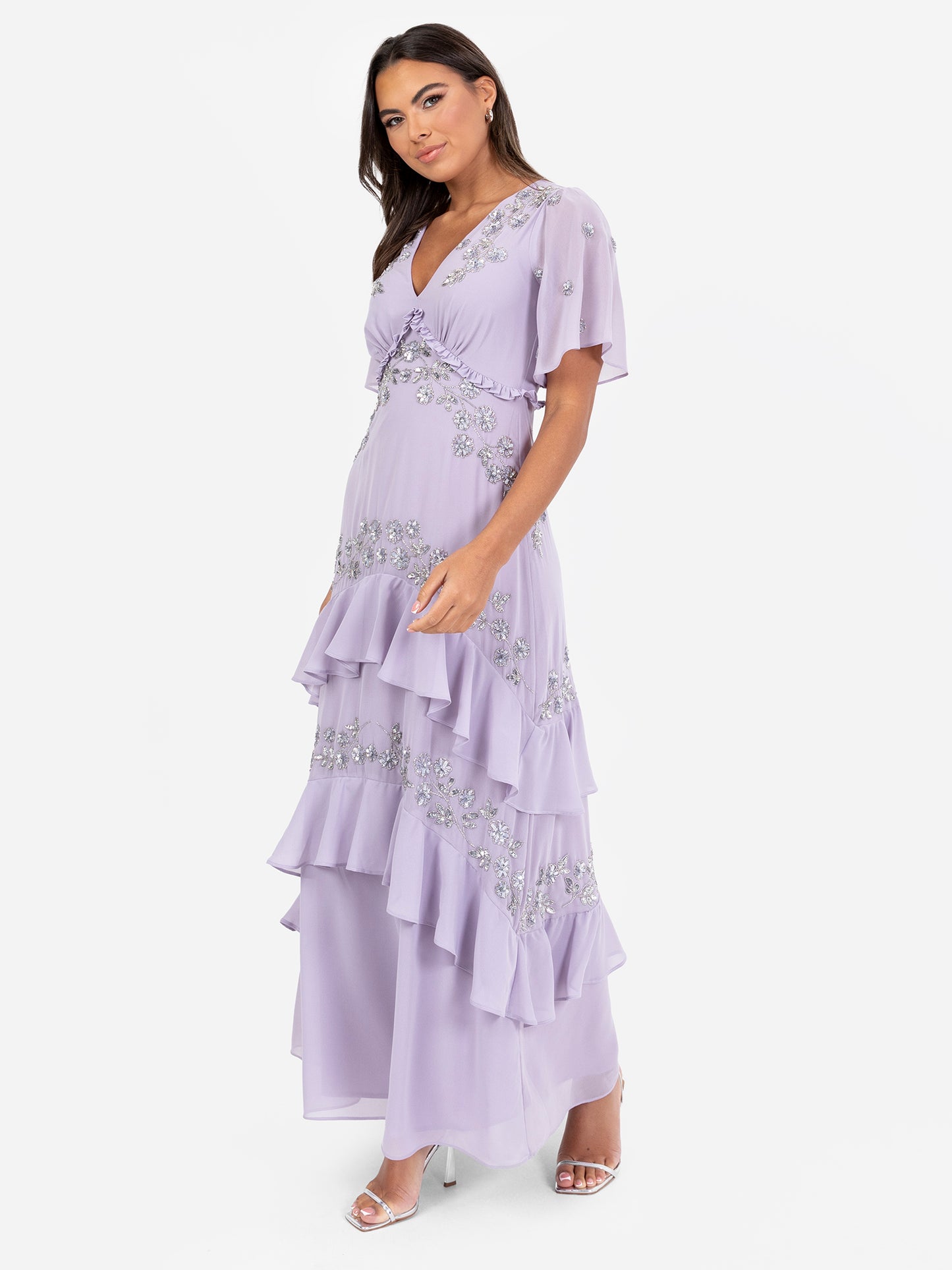 Maya Thistle Lilac Embellished Short Sleeve Ruffled Maxi Dress