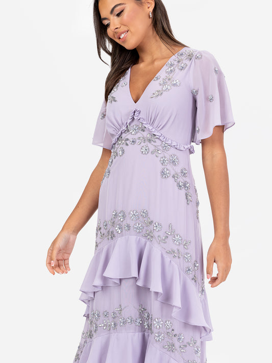 Maya Thistle Lilac Embellished Short Sleeve Ruffled Maxi Dress