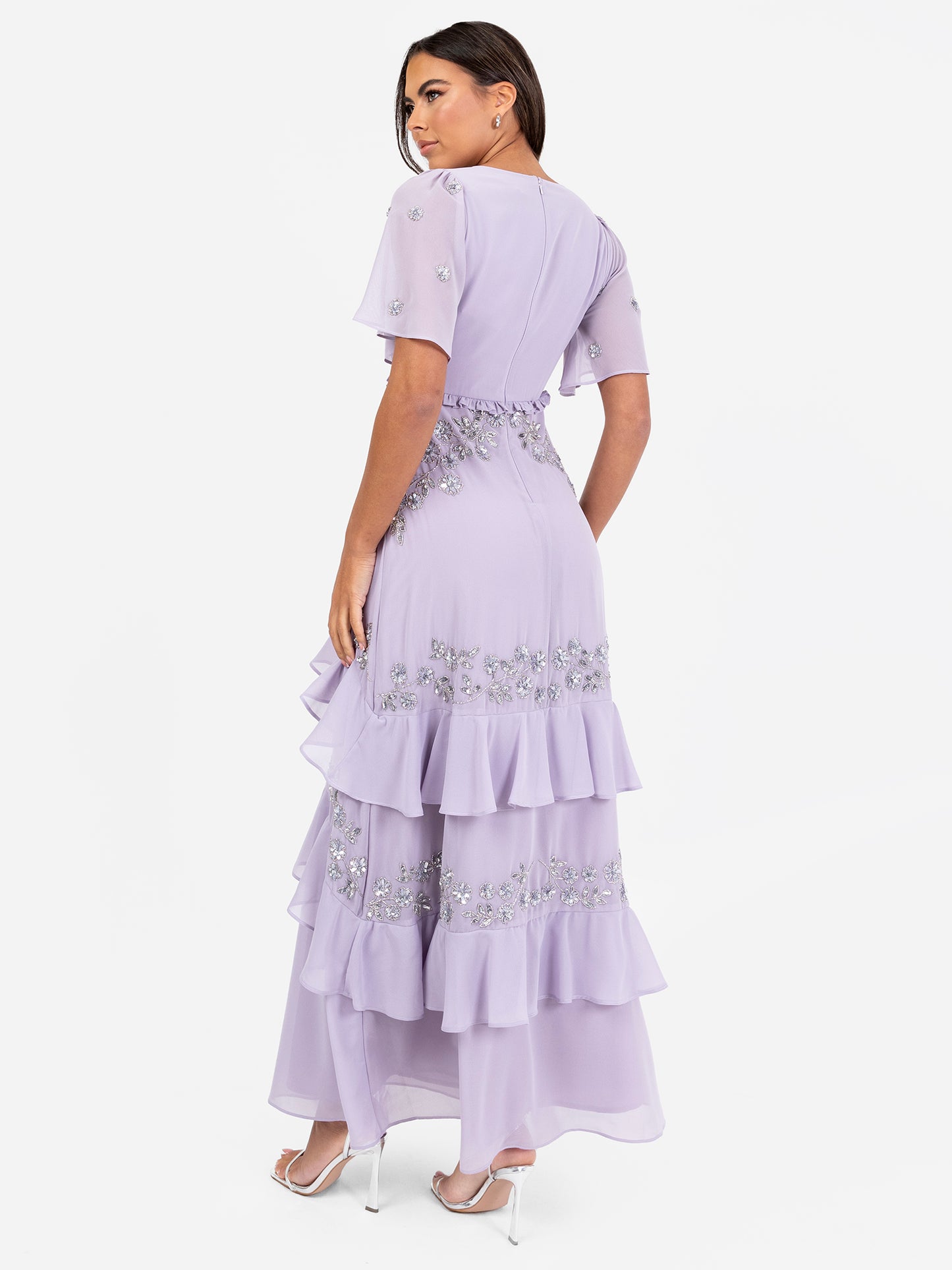 Maya Thistle Lilac Embellished Short Sleeve Ruffled Maxi Dress