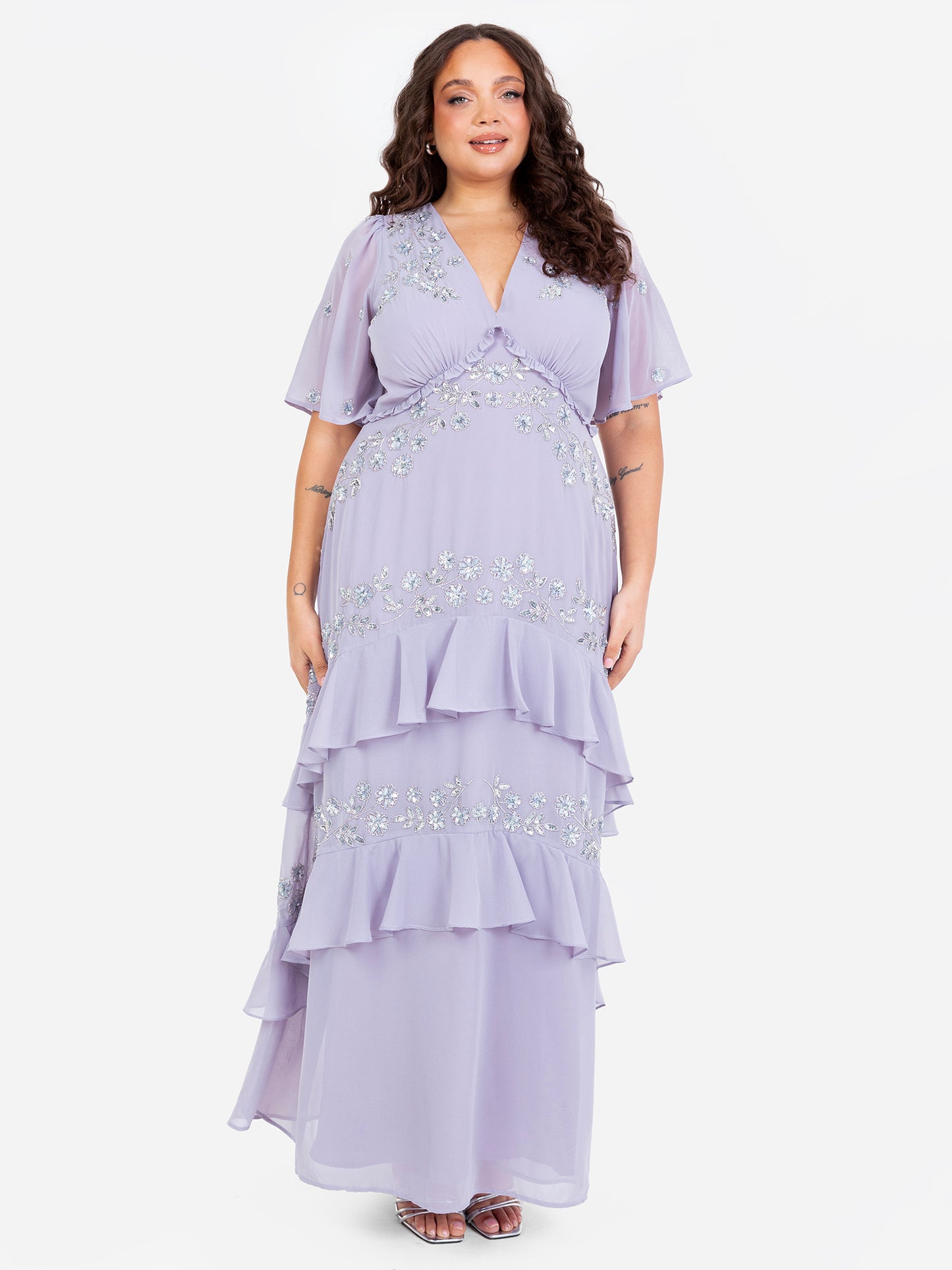 Maya Thistle Lilac Embellished Short Sleeve Ruffled Maxi Dress