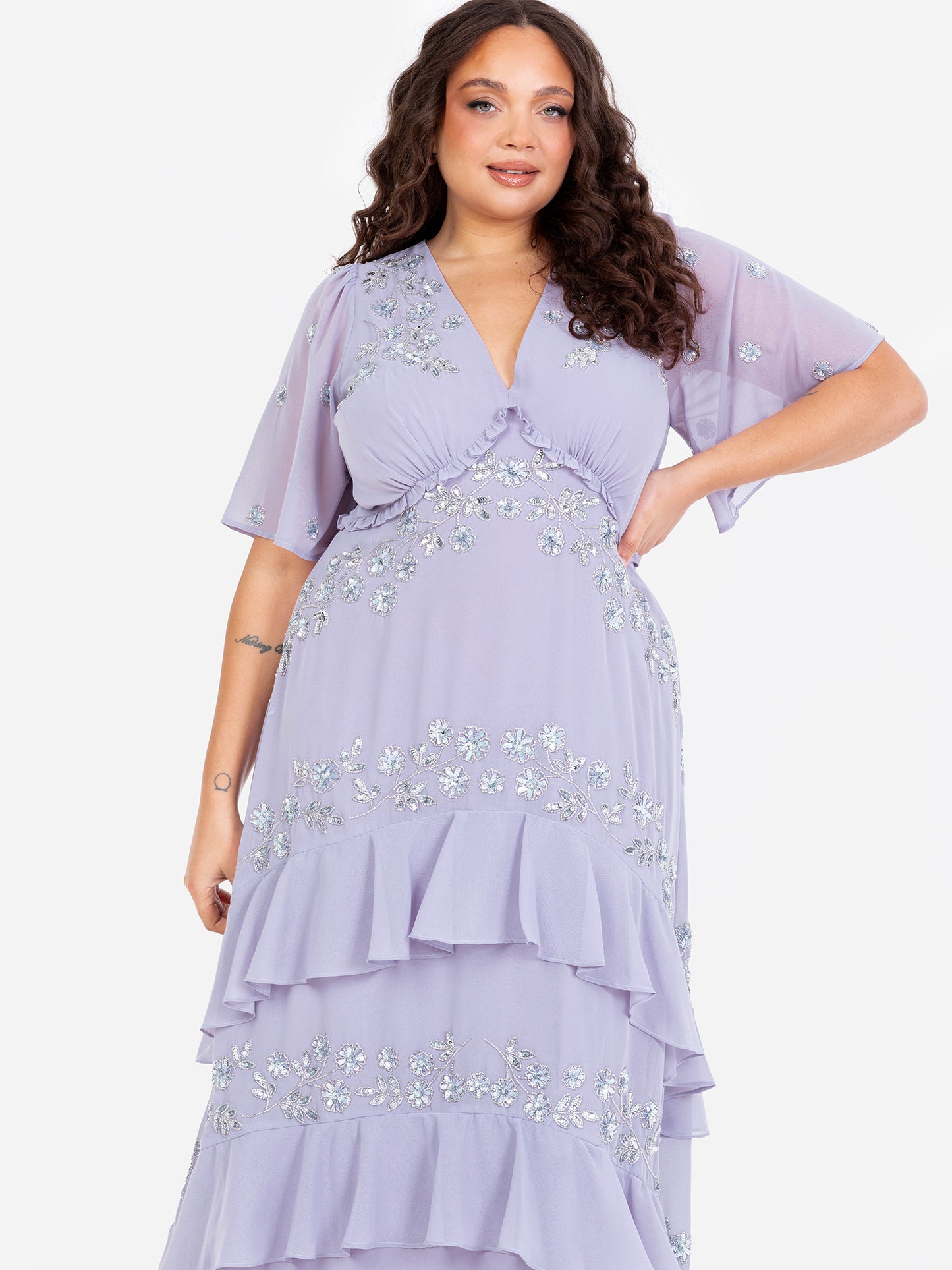Maya Thistle Lilac Embellished Short Sleeve Ruffled Maxi Dress