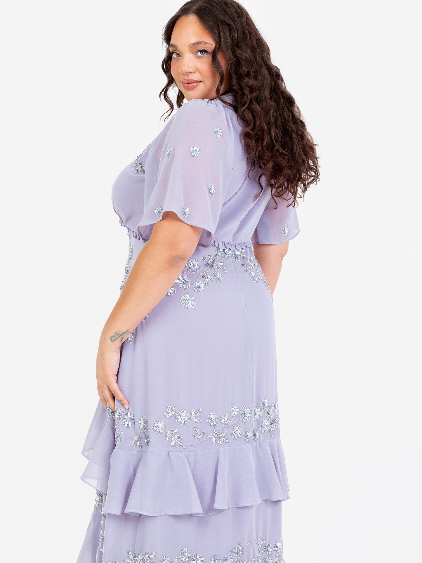 Maya Thistle Lilac Embellished Short Sleeve Ruffled Maxi Dress