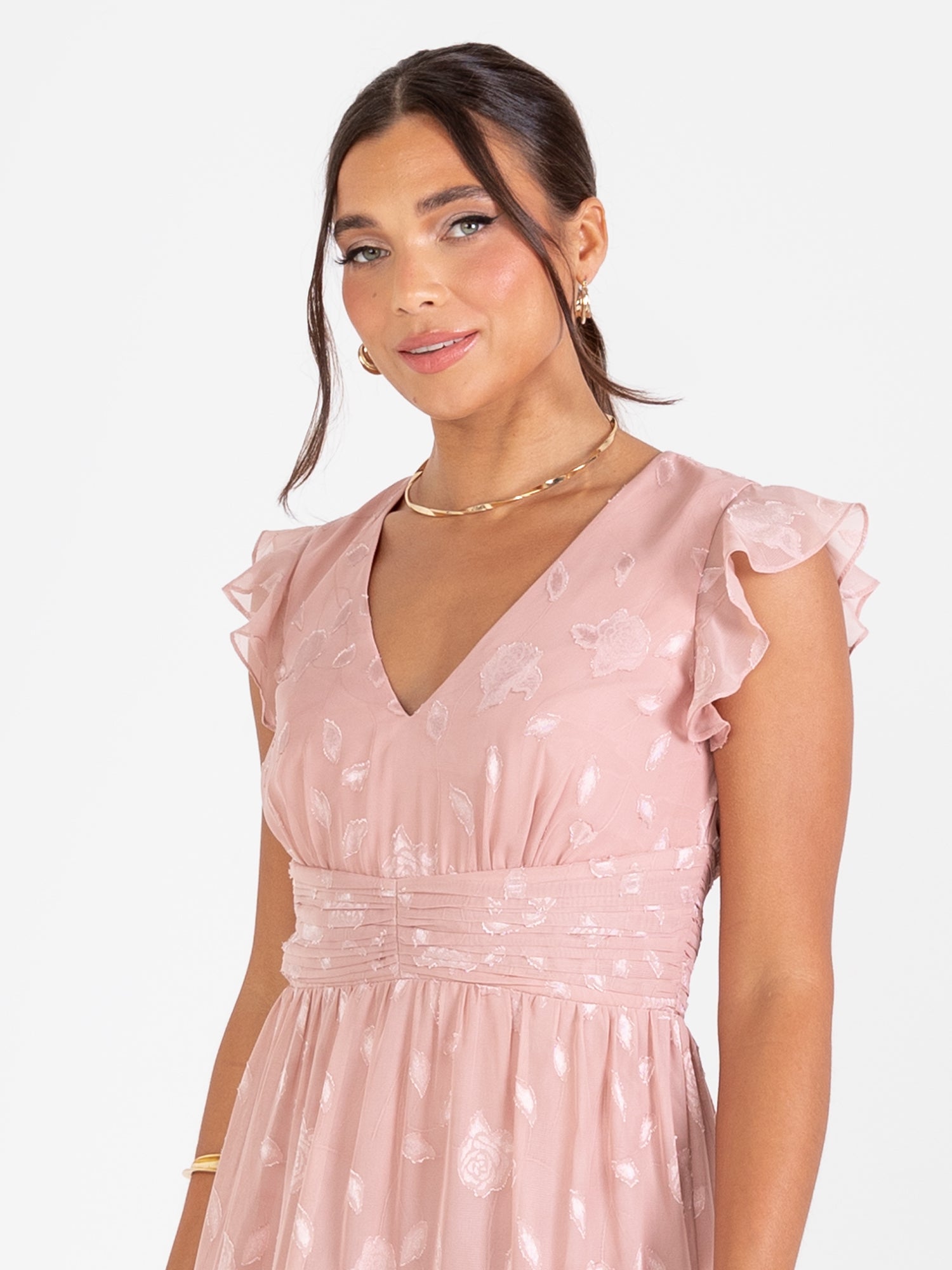 bhldn asha flutter sleeve v neck chiffon maxi dress Maya Blush Floral Flutter Sleeve V Neck Maxi Dress – Maya Deluxe