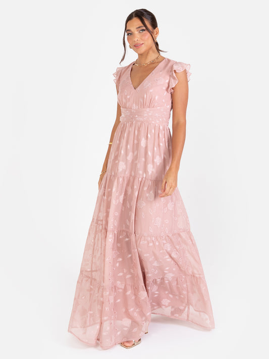 Maya Blush Floral Flutter Sleeve V Neck Maxi Dress