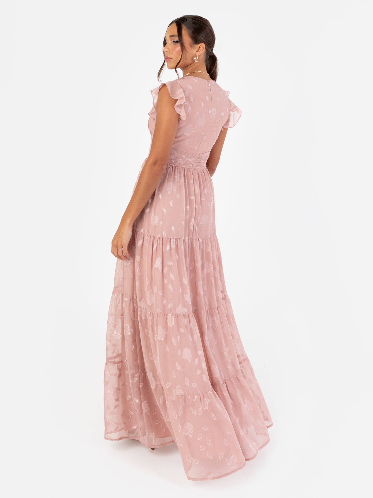 Maya Blush Floral Flutter Sleeve V Neck Maxi Dress