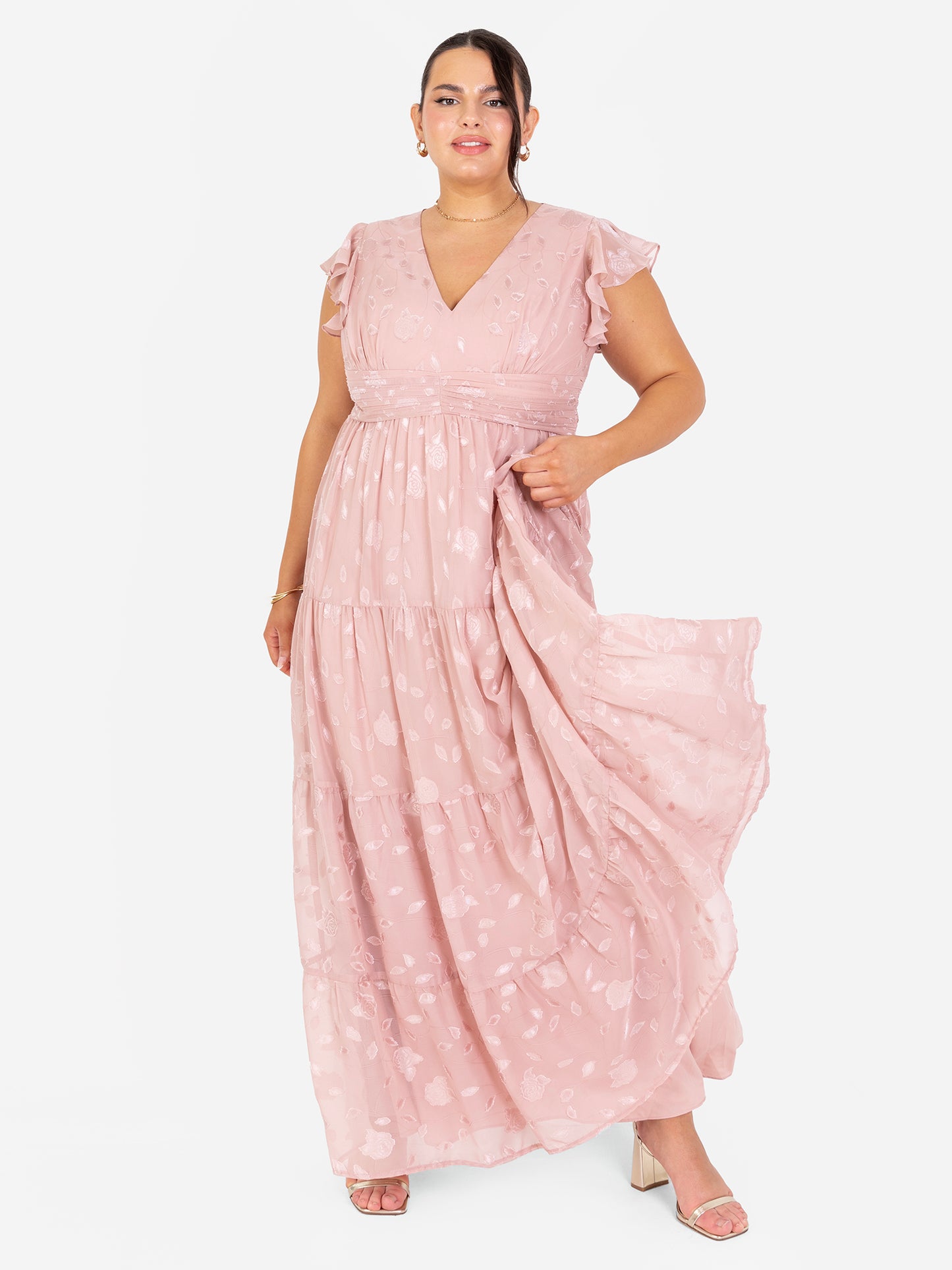 Maya Blush Floral Flutter Sleeve V Neck Maxi Dress