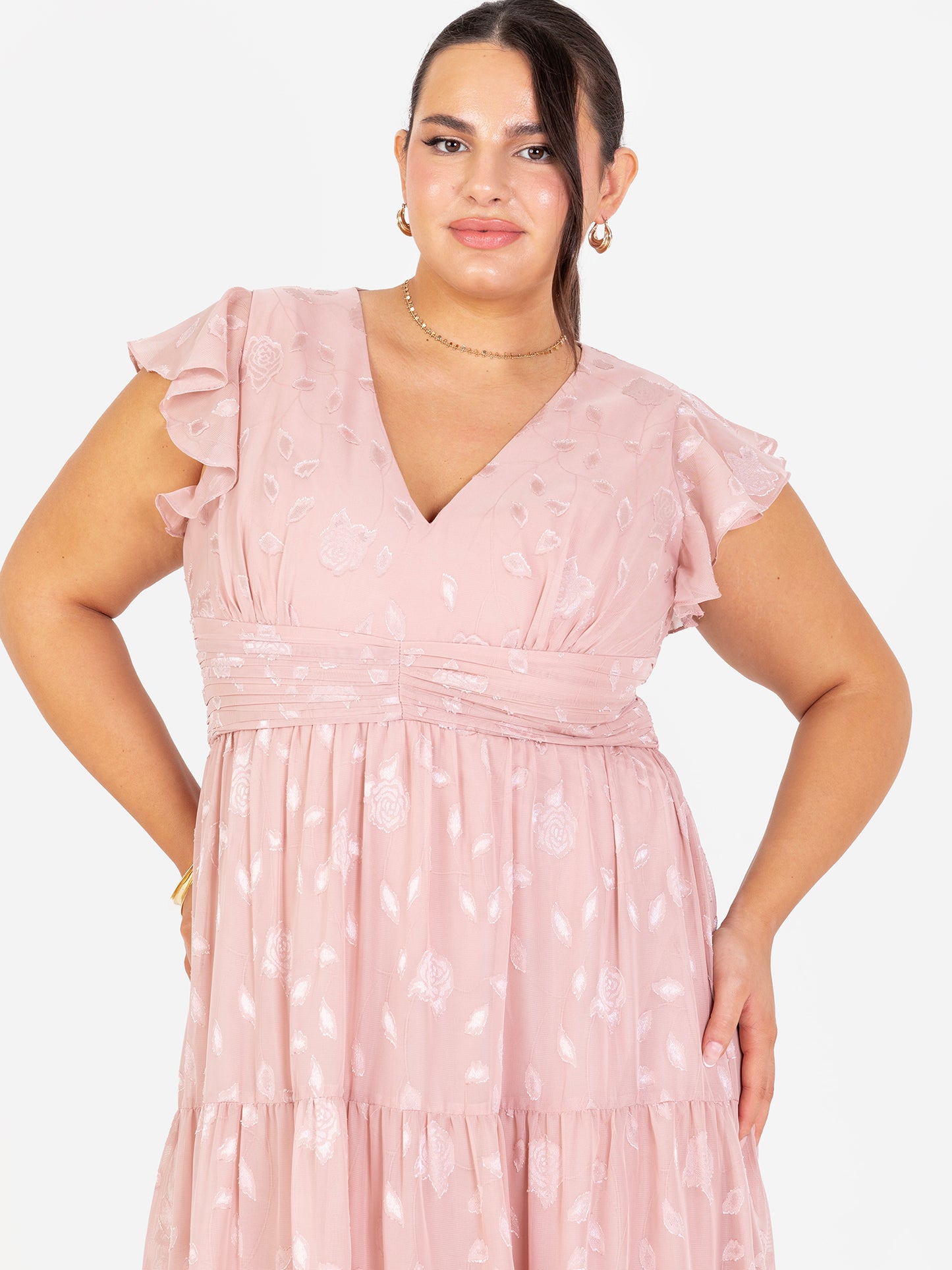 Maya Blush Floral Flutter Sleeve V Neck Maxi Dress