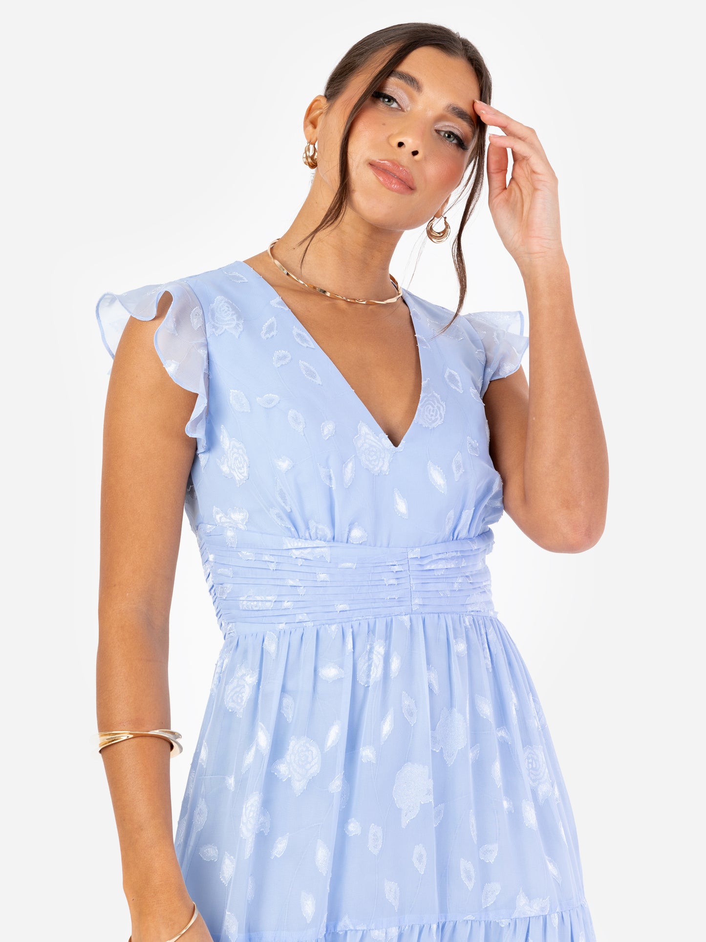 Maya Light Blue Floral Flutter Sleeve V Neck Maxi Dress