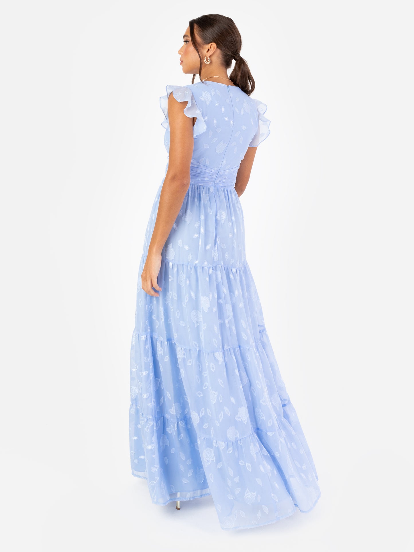 Maya Light Blue Floral Flutter Sleeve V Neck Maxi Dress