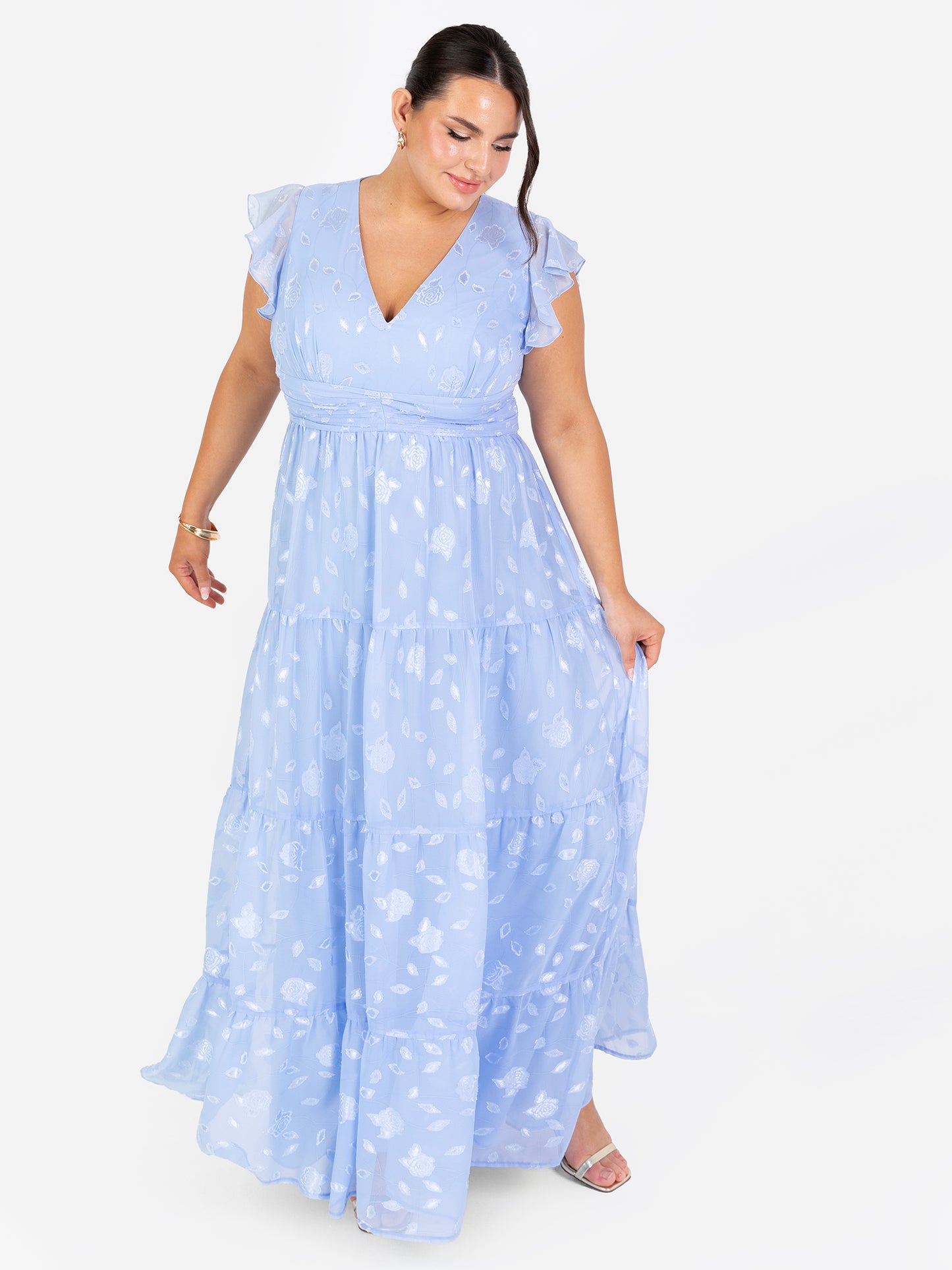 Maya Light Blue Floral Flutter Sleeve V Neck Maxi Dress