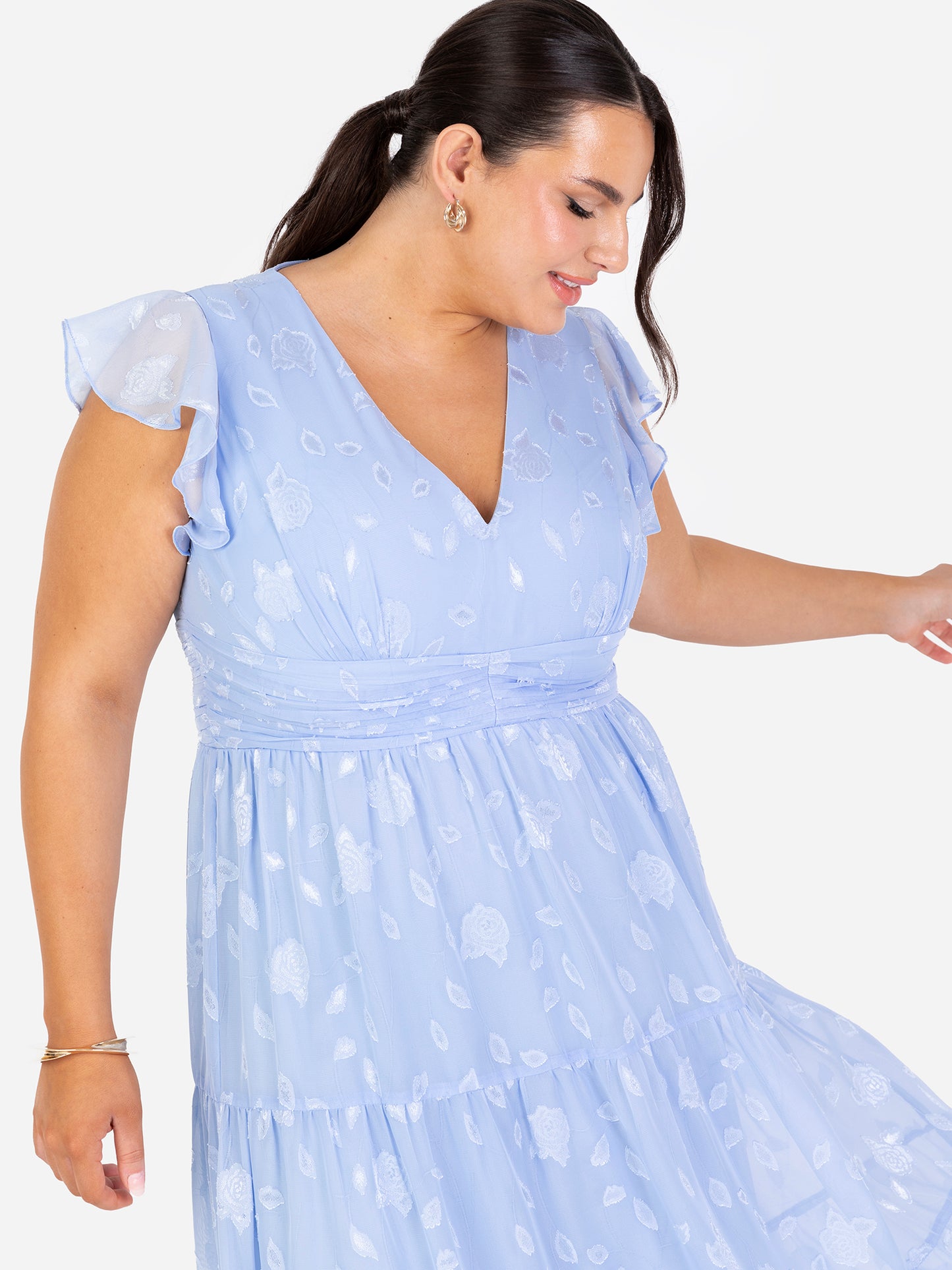 Maya Light Blue Floral Flutter Sleeve V Neck Maxi Dress