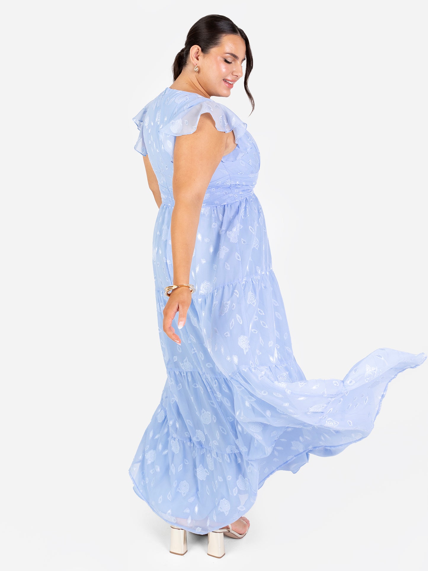 Maya Light Blue Floral Flutter Sleeve V Neck Maxi Dress