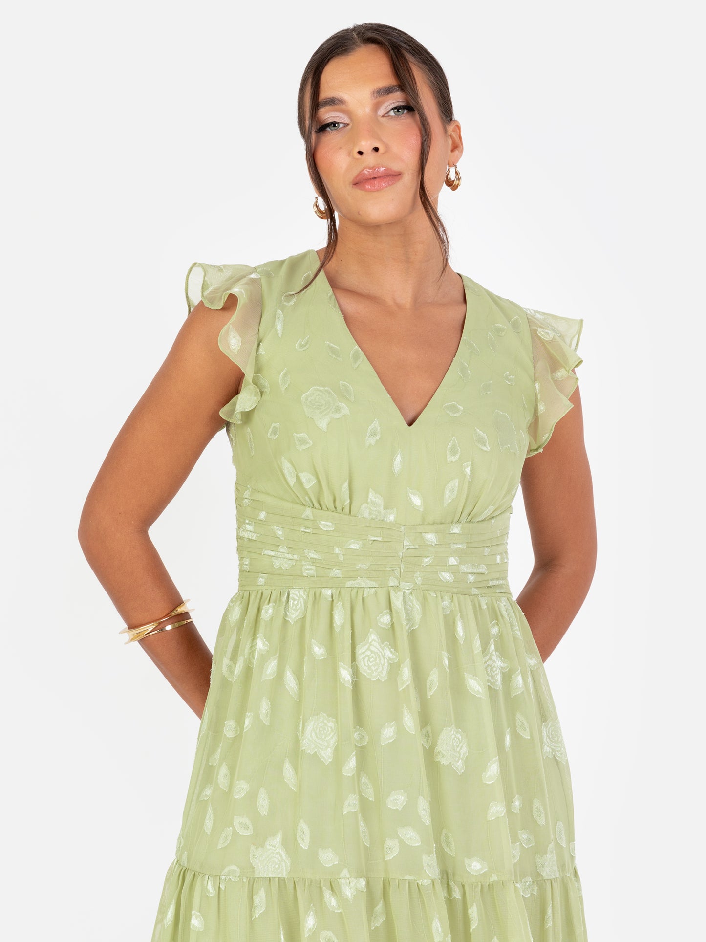 Maya Sage Green Floral Flutter Sleeve V Neck Maxi Dress