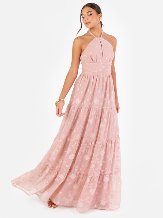 Maya Blush Floral Self-Tie Halter Neck Maxi Dress