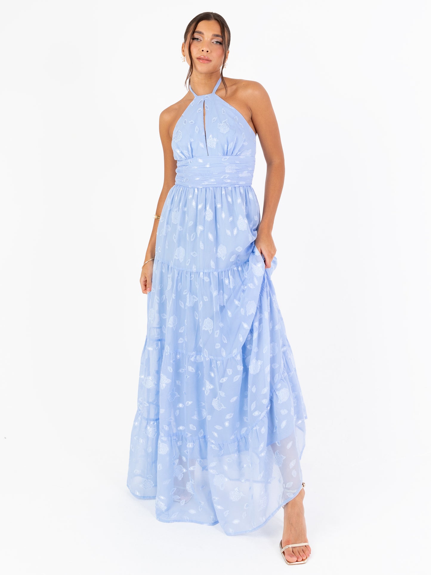 Maya Light Blue Floral Self-Tie Halter Neck Maxi Dress